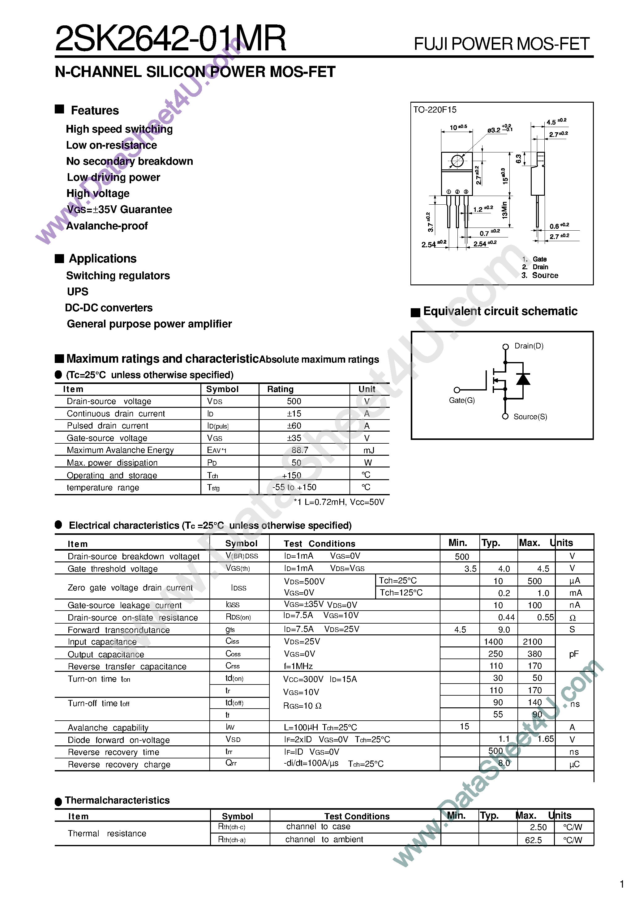 Datasheet 2SK2642-01MR - N-Channel Silicon Power MOSFET page 1