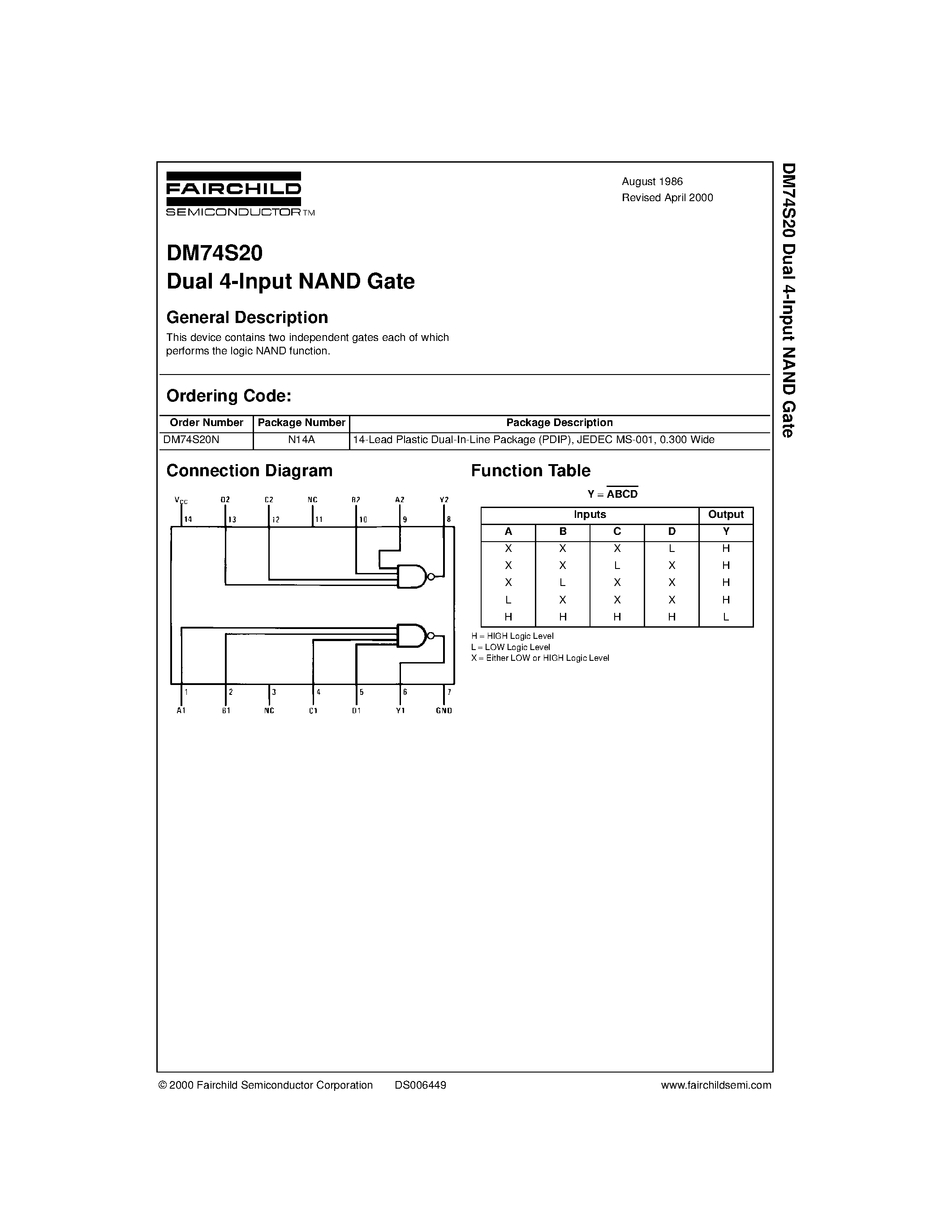 Datasheet DM74S20 - Dual 4-Input NAND Gate page 1