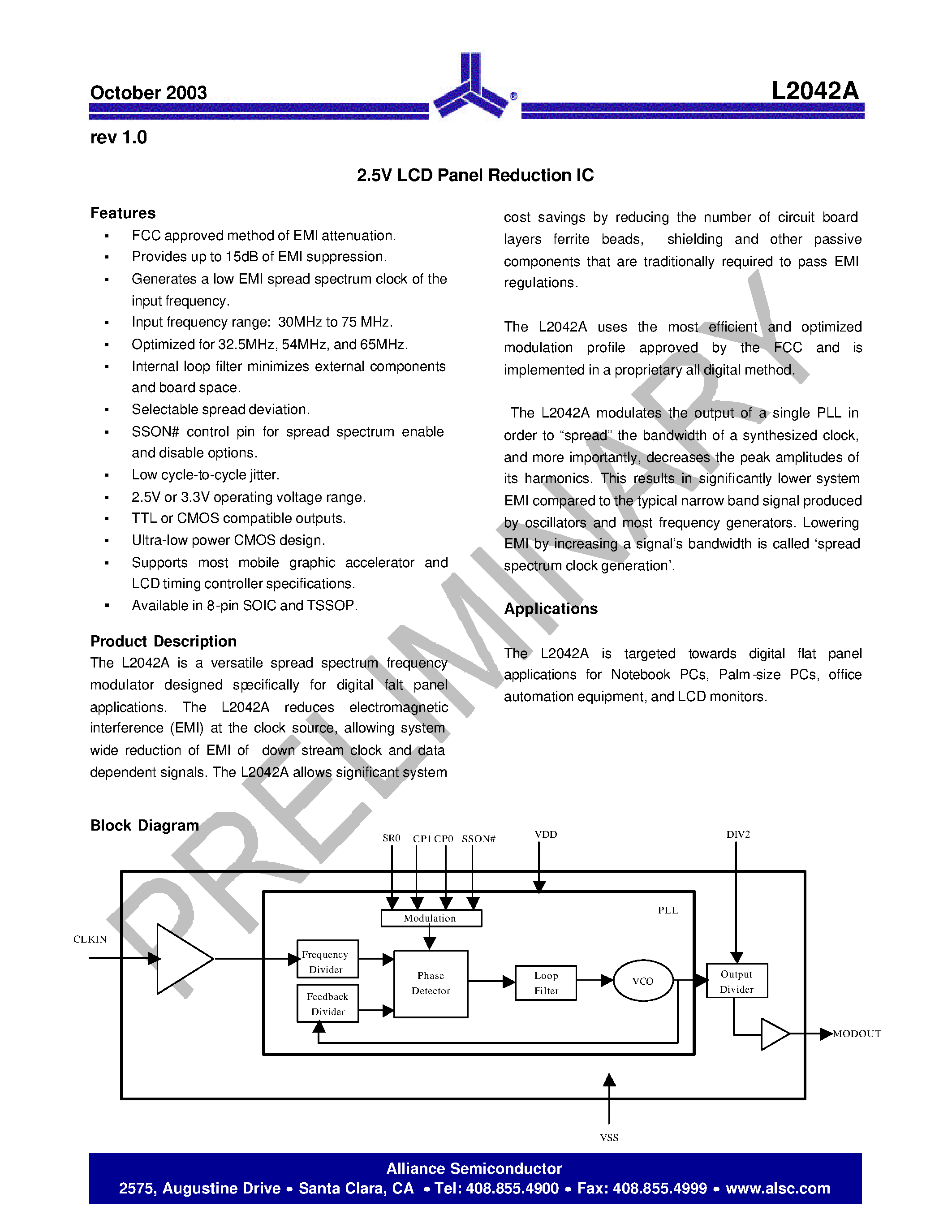 Datasheet L2042A - 2.5V LCD Panel Reduction IC page 1