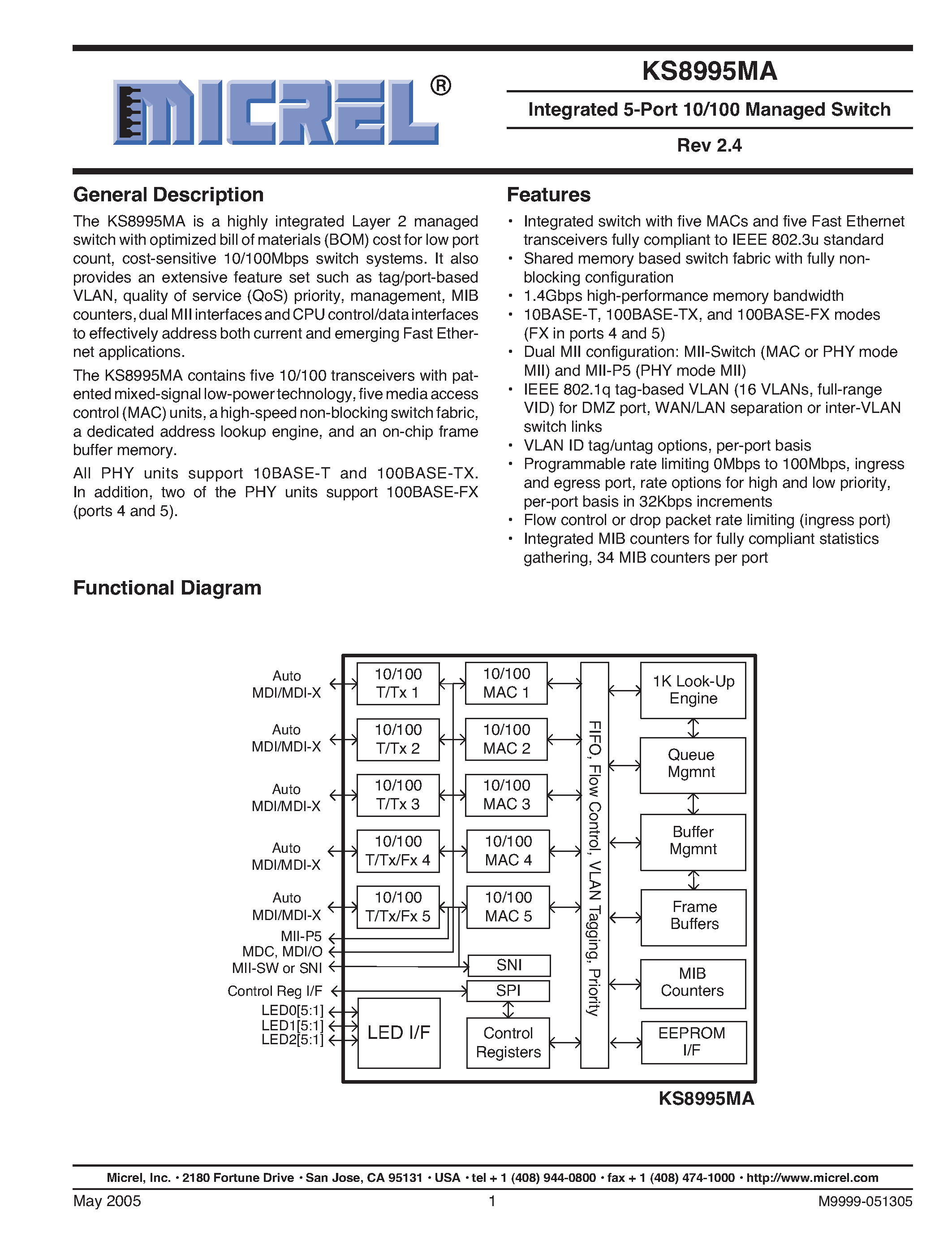 Datasheet KS8995MA - Integrated 5-Port 10/100 Managed Switch page 1