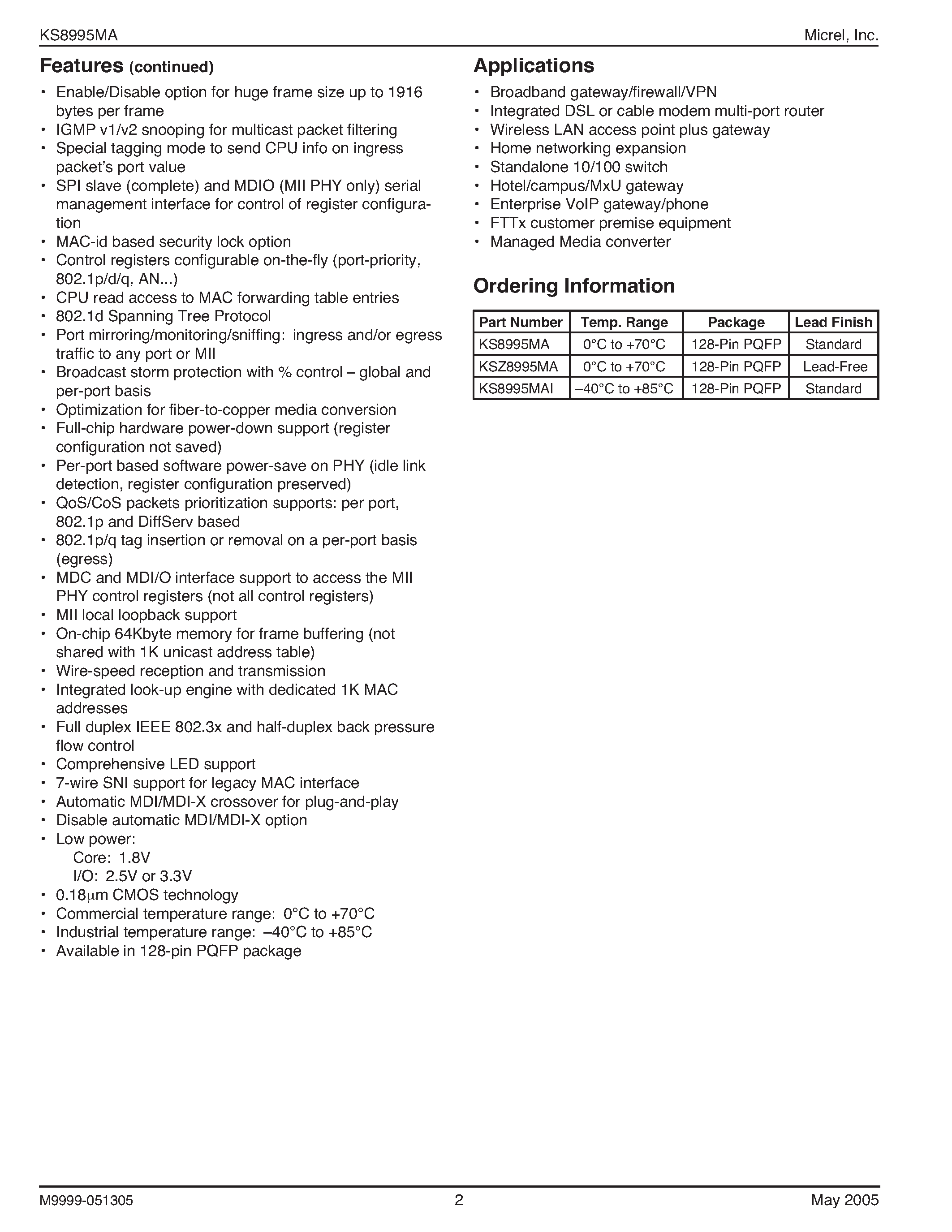 Datasheet KS8995MA - Integrated 5-Port 10/100 Managed Switch page 2