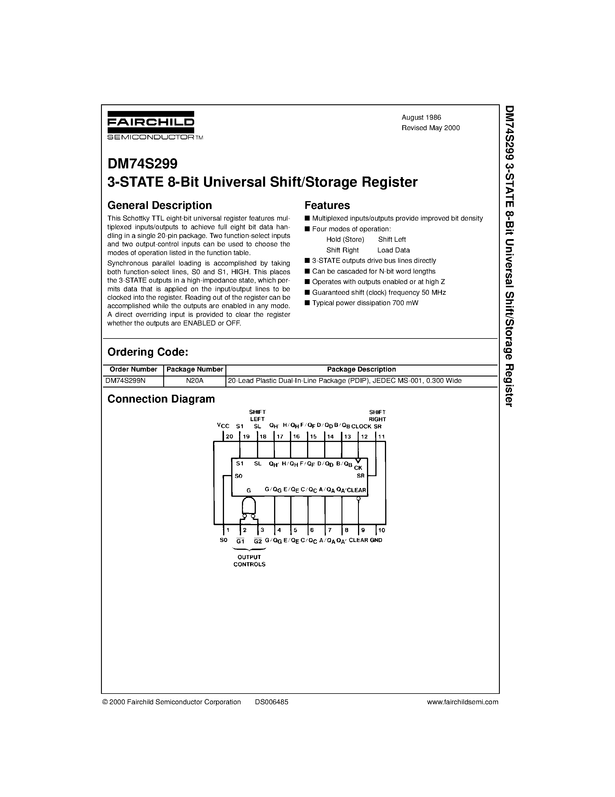 Datasheet DM74S299 - 3-STATE 8-Bit Universal Shift/Storage Register page 1