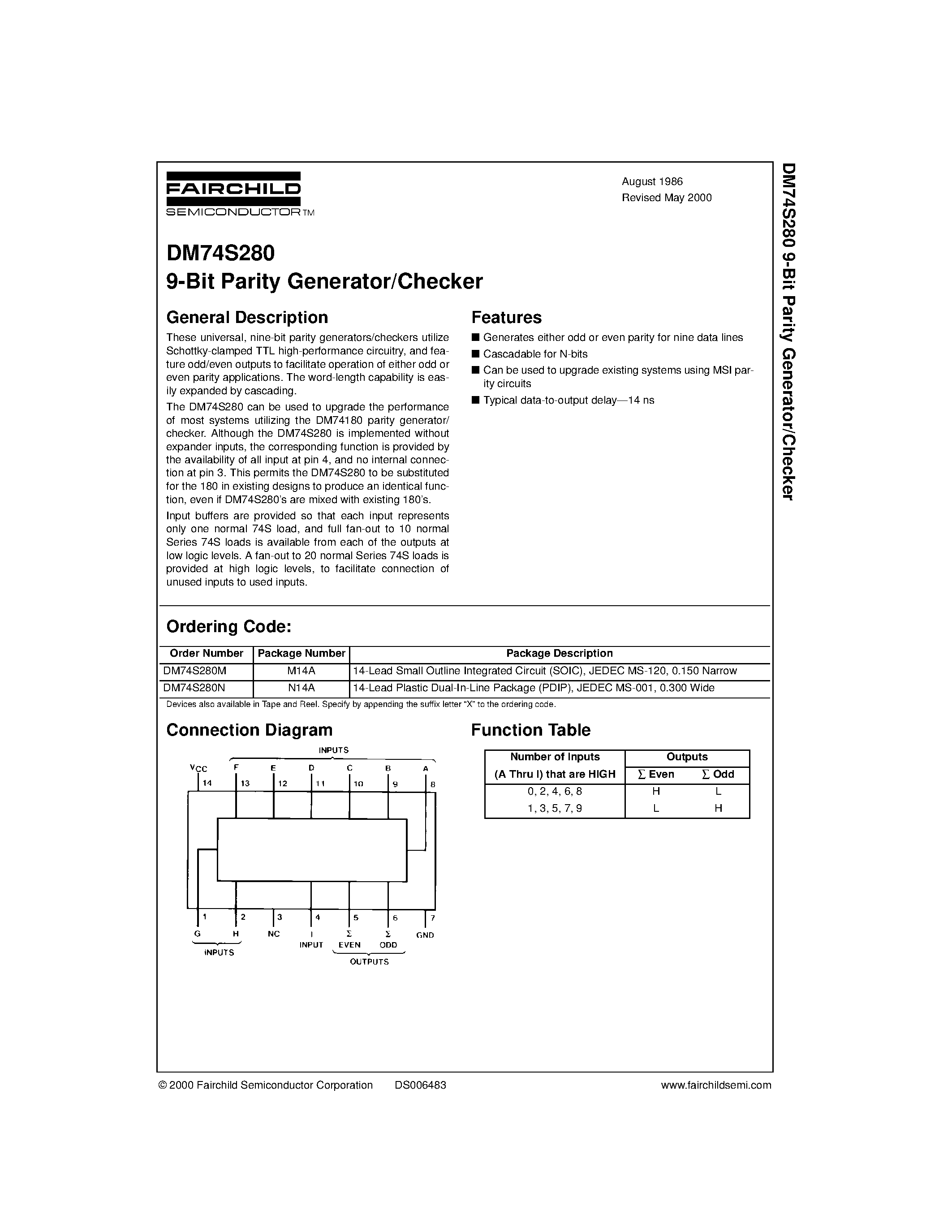 Datasheet DM74S280 - 9-Bit Parity Generator/Checker page 1
