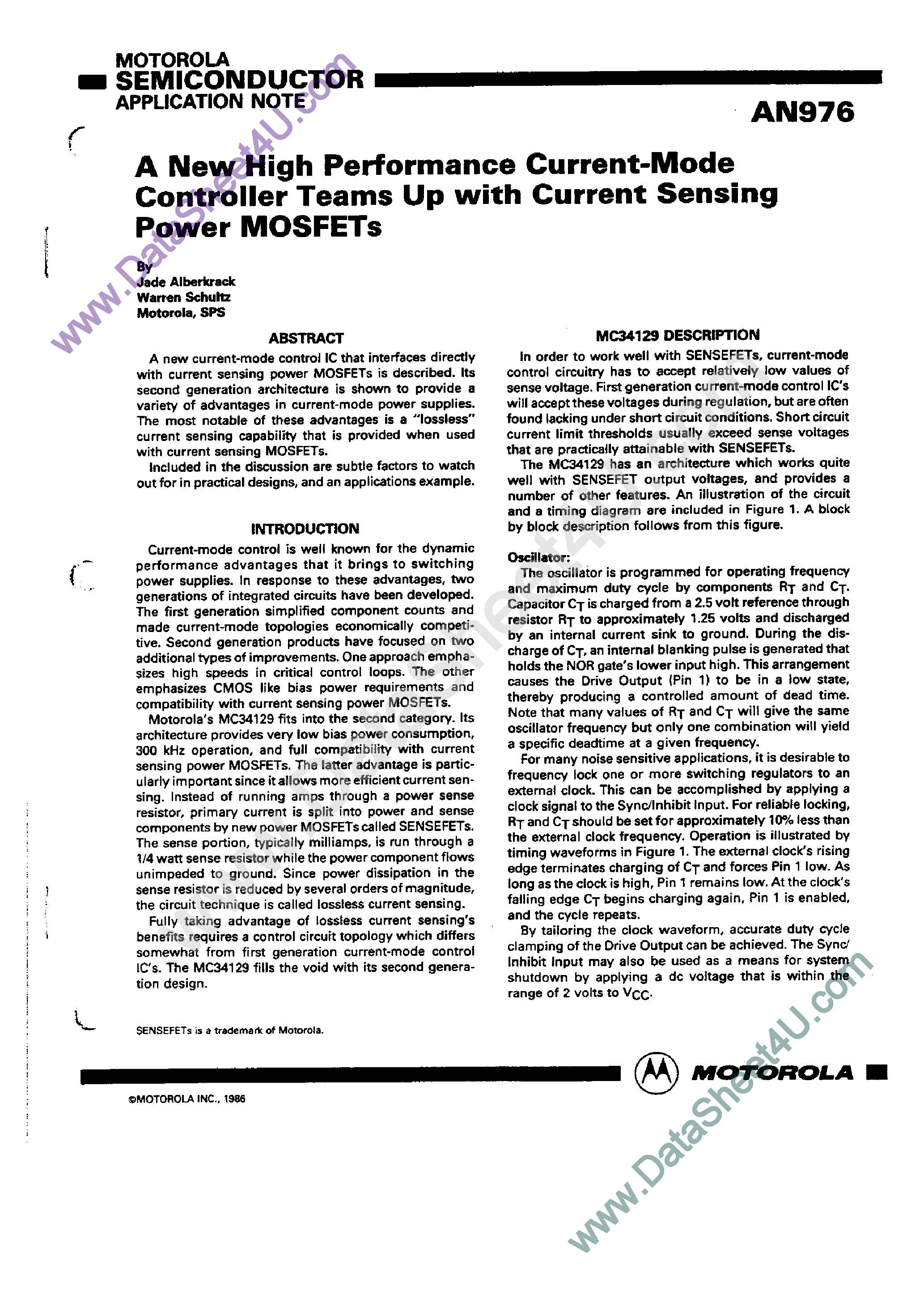 Datasheet AN976 page 1 Datasheet AN976 - A New High Performance Current Mode Controller Teams Up with Current Sensing Power MOSFETs page 1