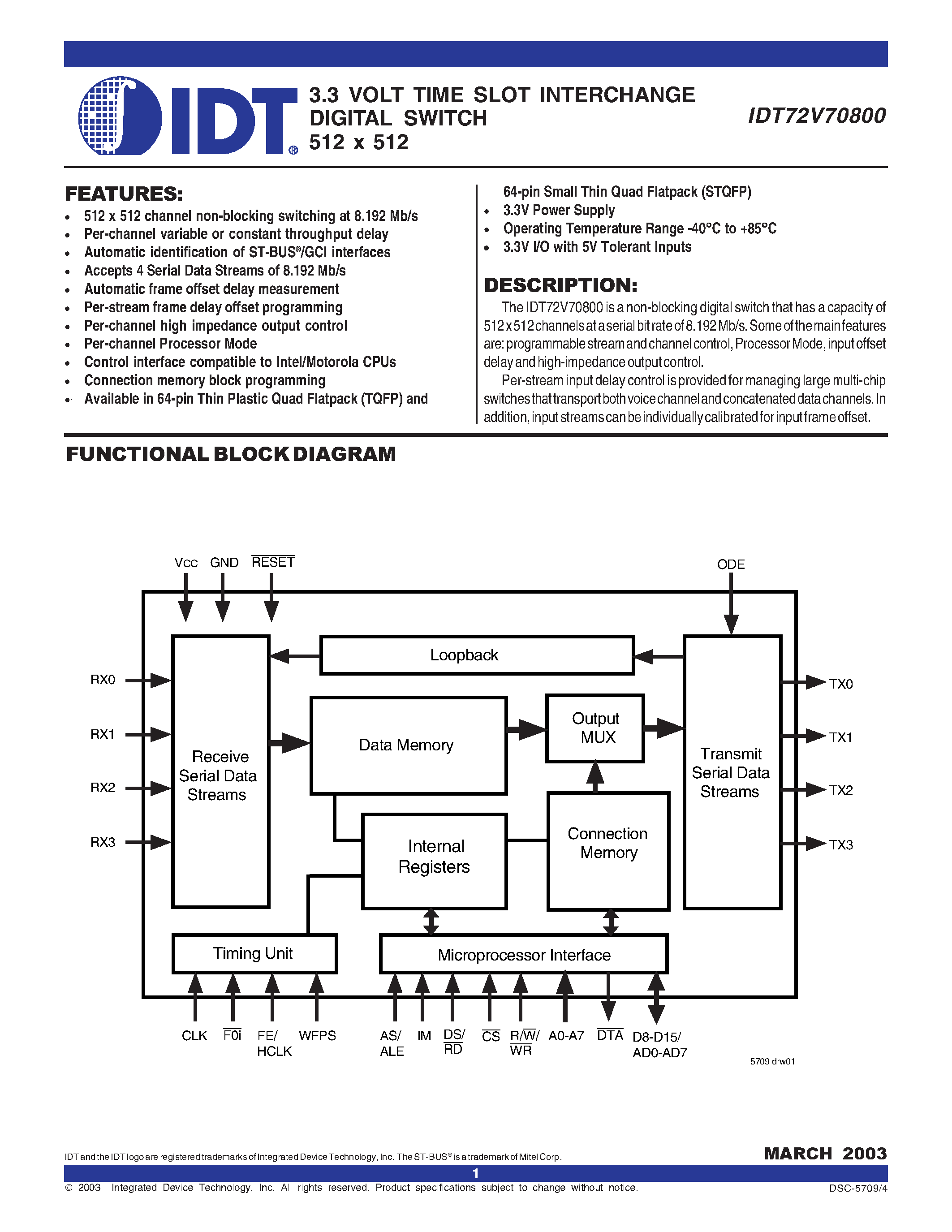 Datasheet IDT72V70800 - 3.3 VOLT TIME SLOT INTERCHANGE DIGITAL SWITCH 512 x 512 page 1