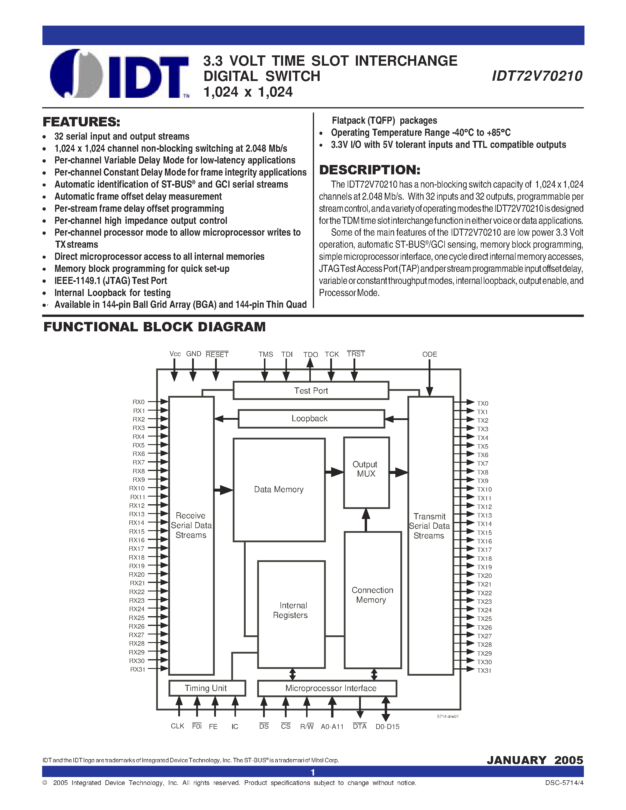 Datasheet IDT72V70210 - 3.3 VOLT TIME SLOT INTERCHANGE DIGITAL SWITCH 1024 x 1024 page 1