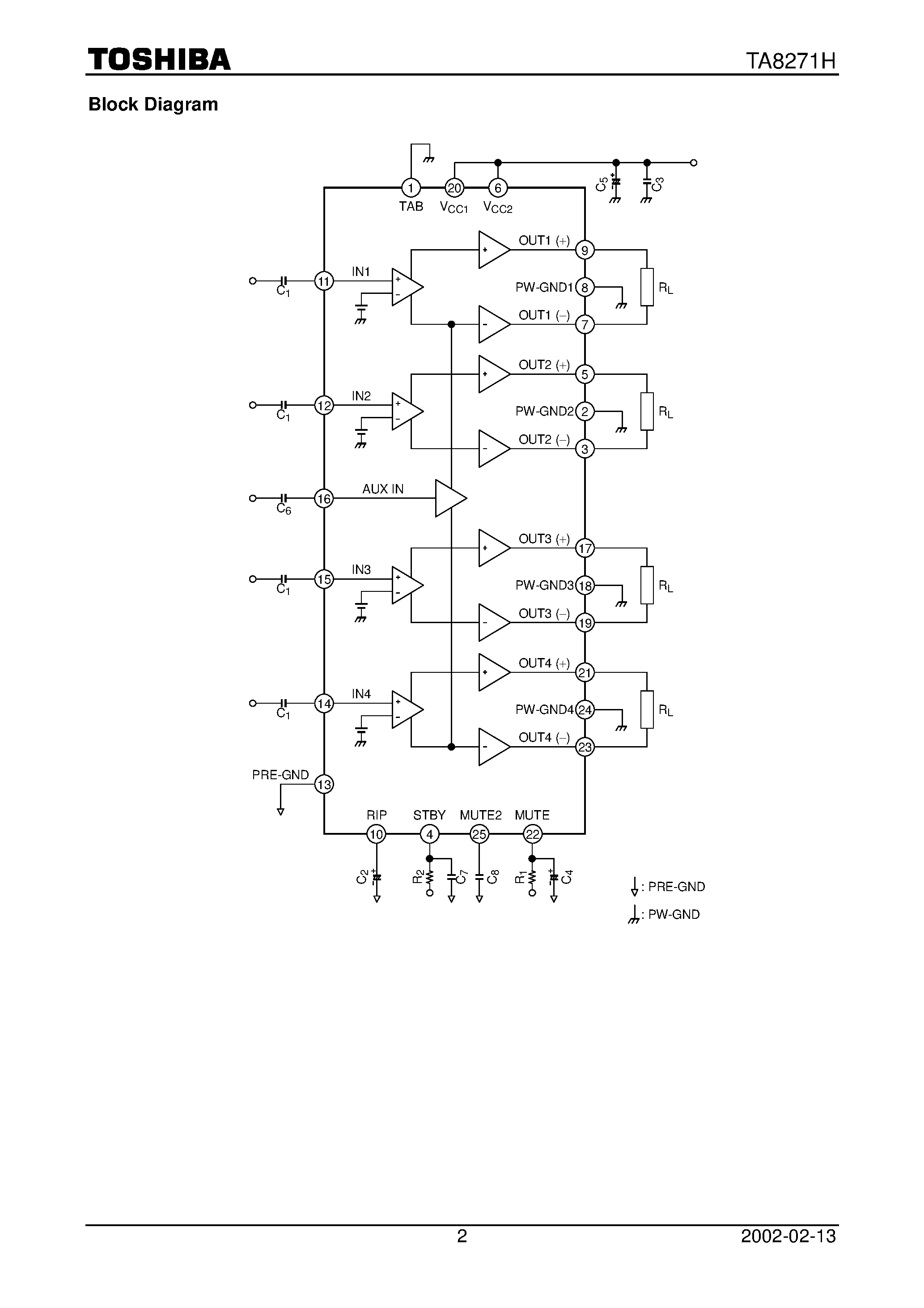 Datasheet TA8271H - Max Power 41W BTL x 4-Ch Audio Power IC page 2