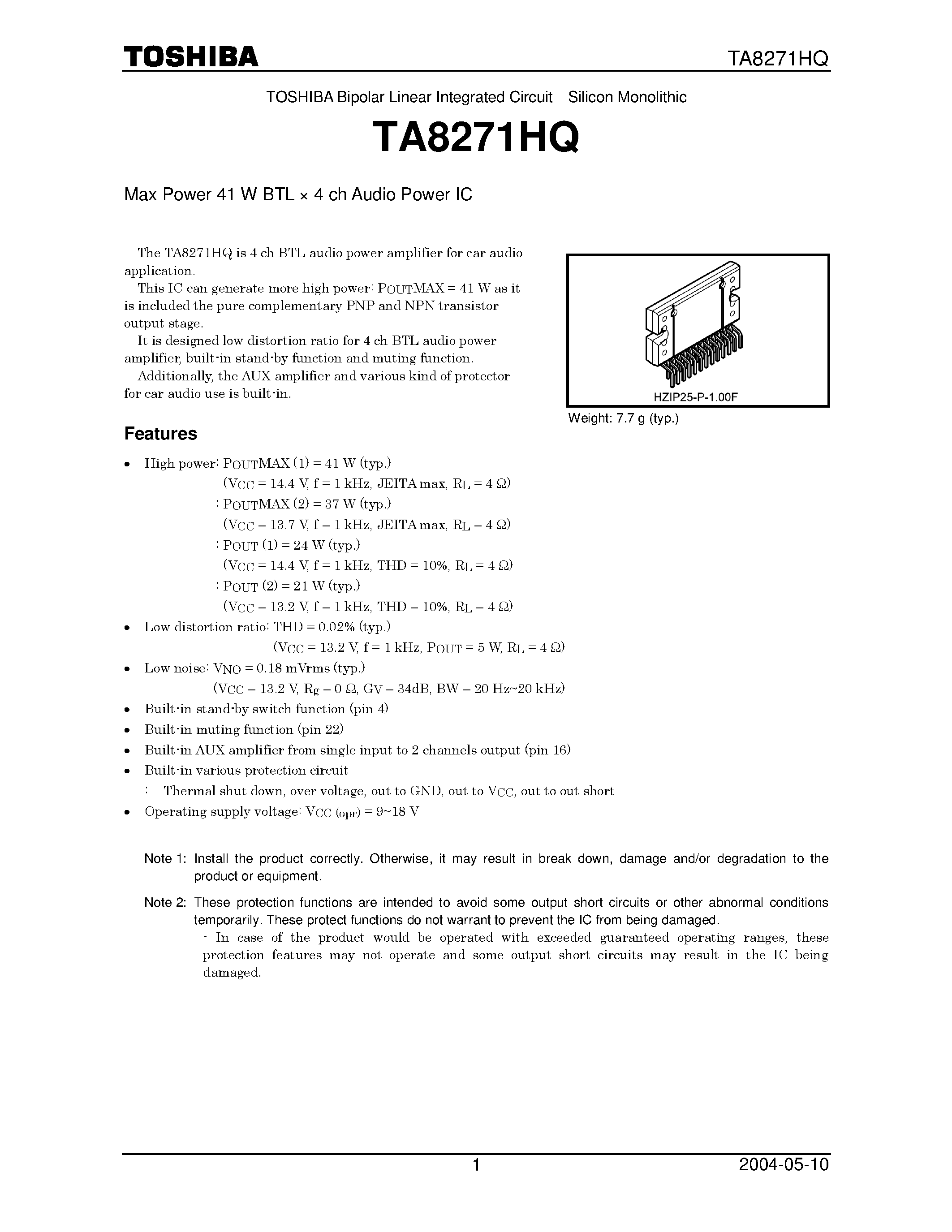 Datasheet TA8271HQ page 1 Datasheet TA8271HQ - Max Power 41W BTL x 4-Ch Audio Power IC page 1