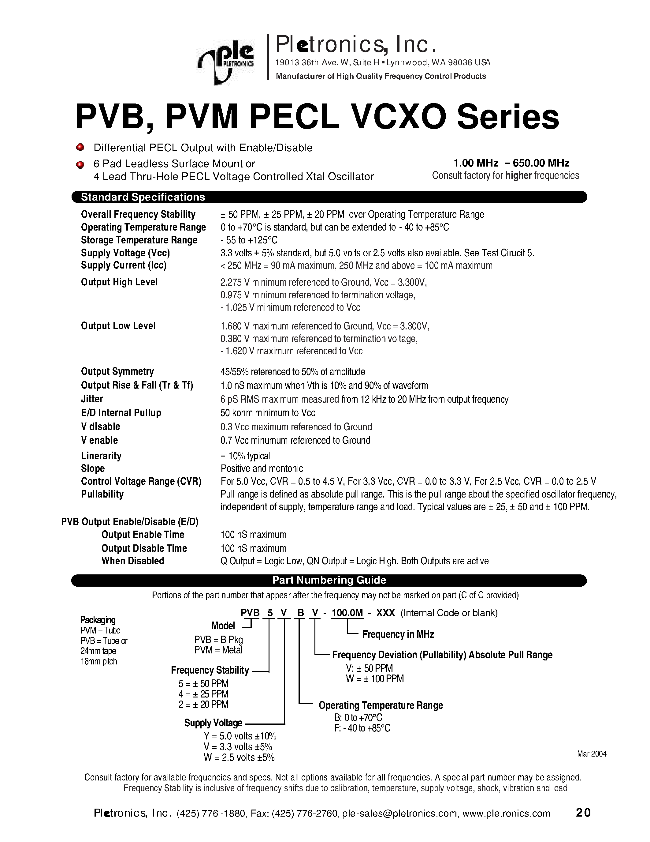 Datasheet PVM2VBV - (PVM Series) 6 Pad Leadless Surface Mount or 4 Lead Thru-Hole PECL Voltage Controlled Xtal Oscillator page 1