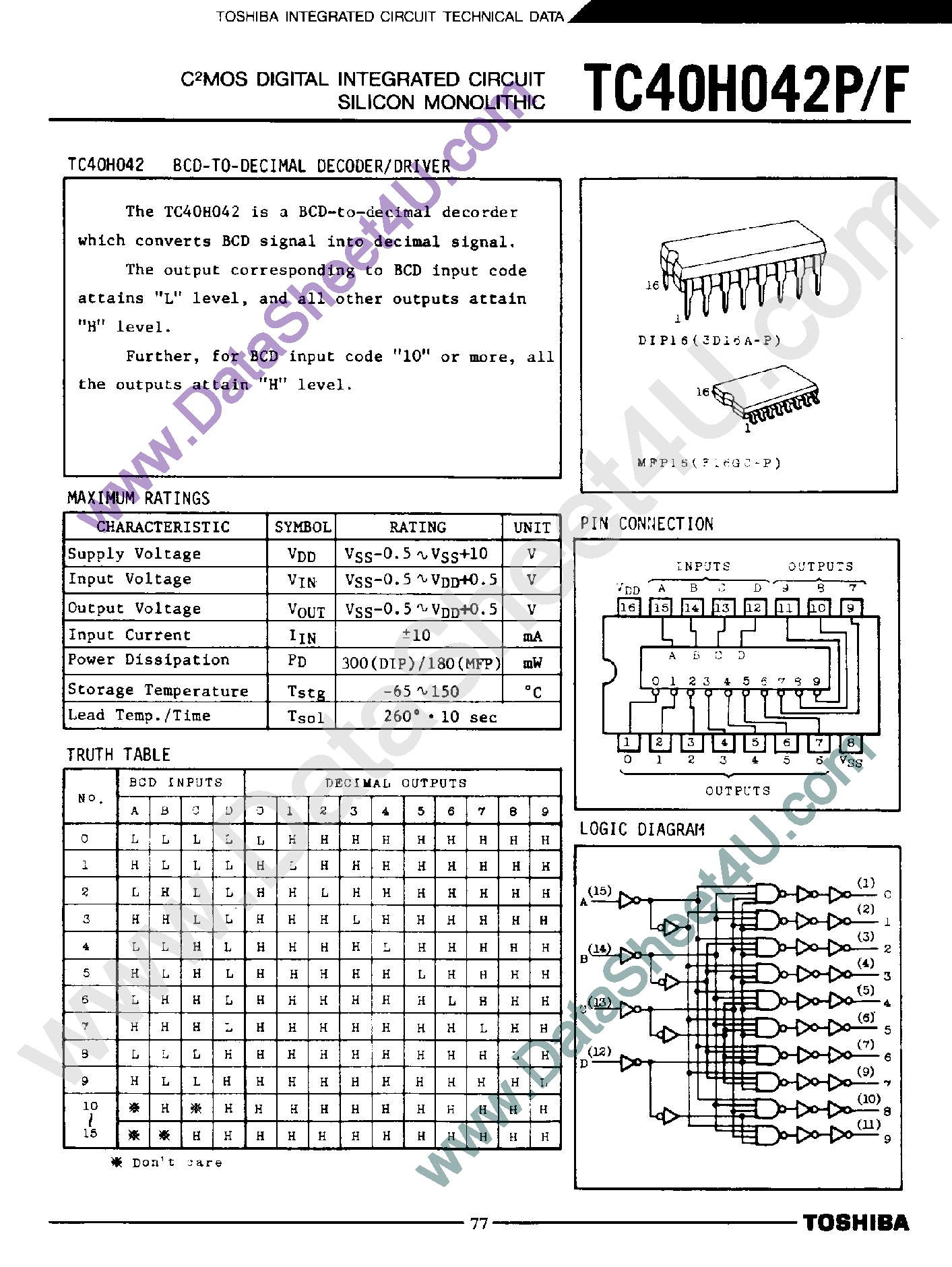 Datasheet TC40H042F page 1 Datasheet TC40H042F - BCD-to-Decimal Decoder / Driver page 1