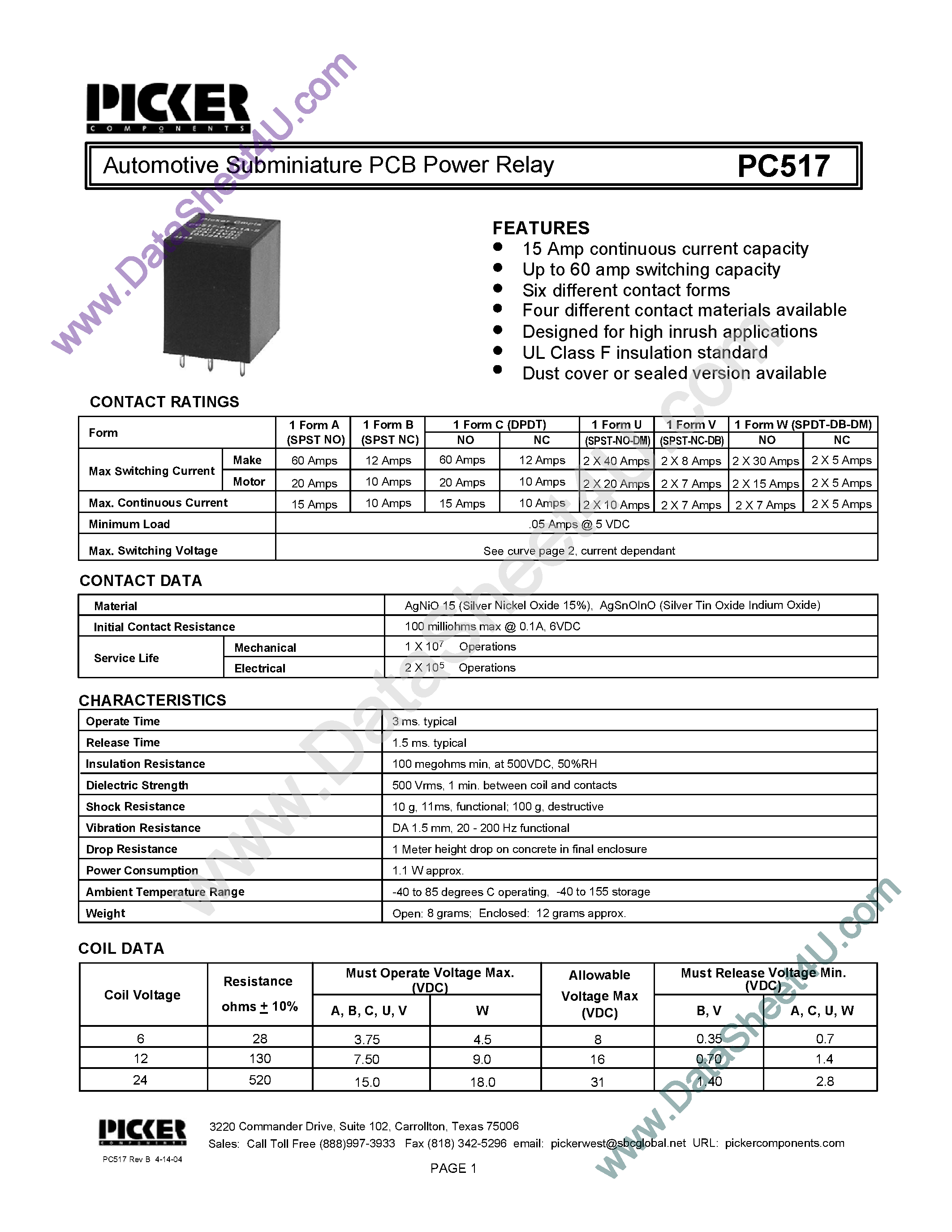 Datasheet PC517 - Automotive Subminiature PCB Power Relay page 1