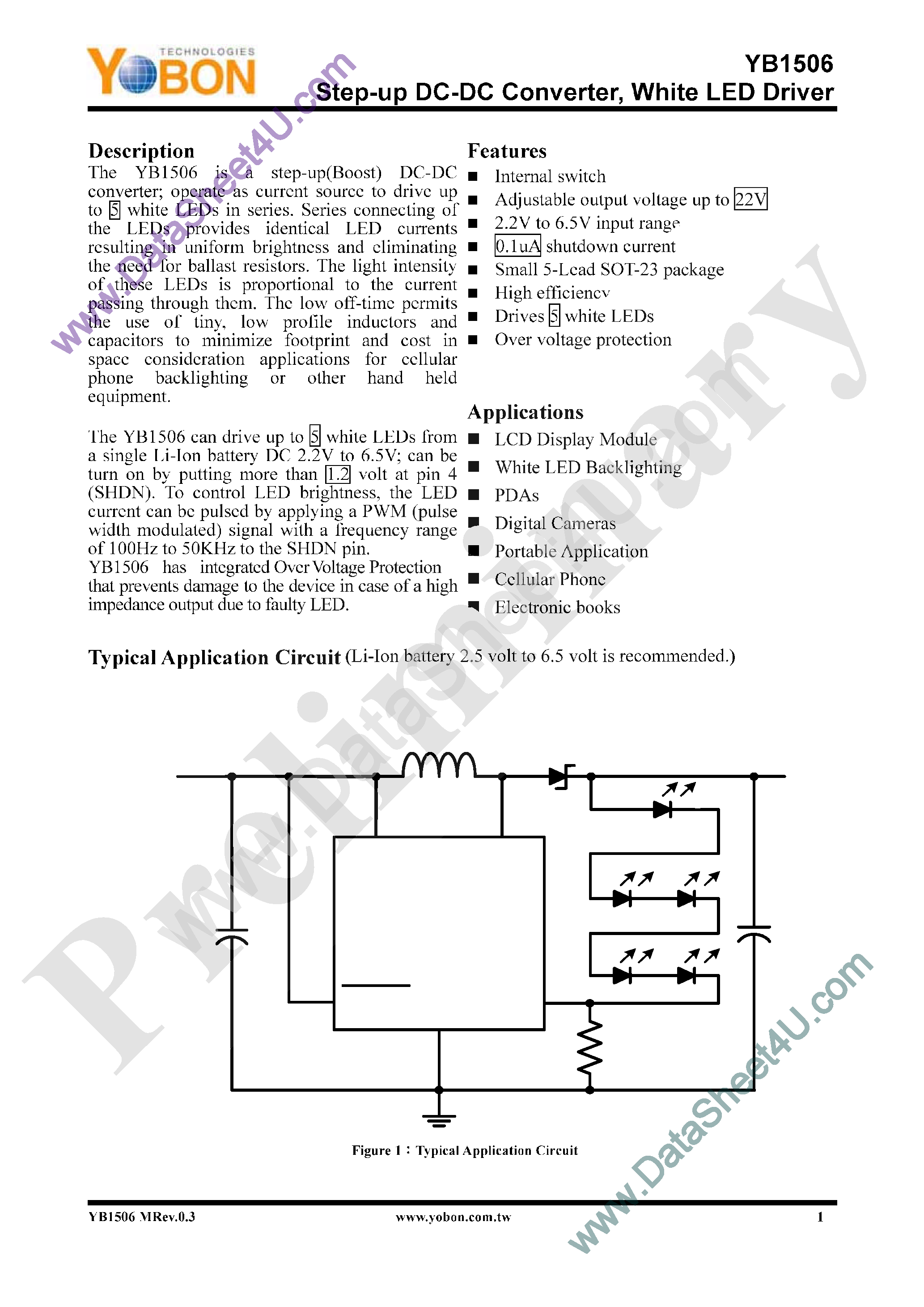 Даташит на микросхему YB1506 страница 1 Даташит YB1506 - Step-Up DC-DC Converter страница 1
