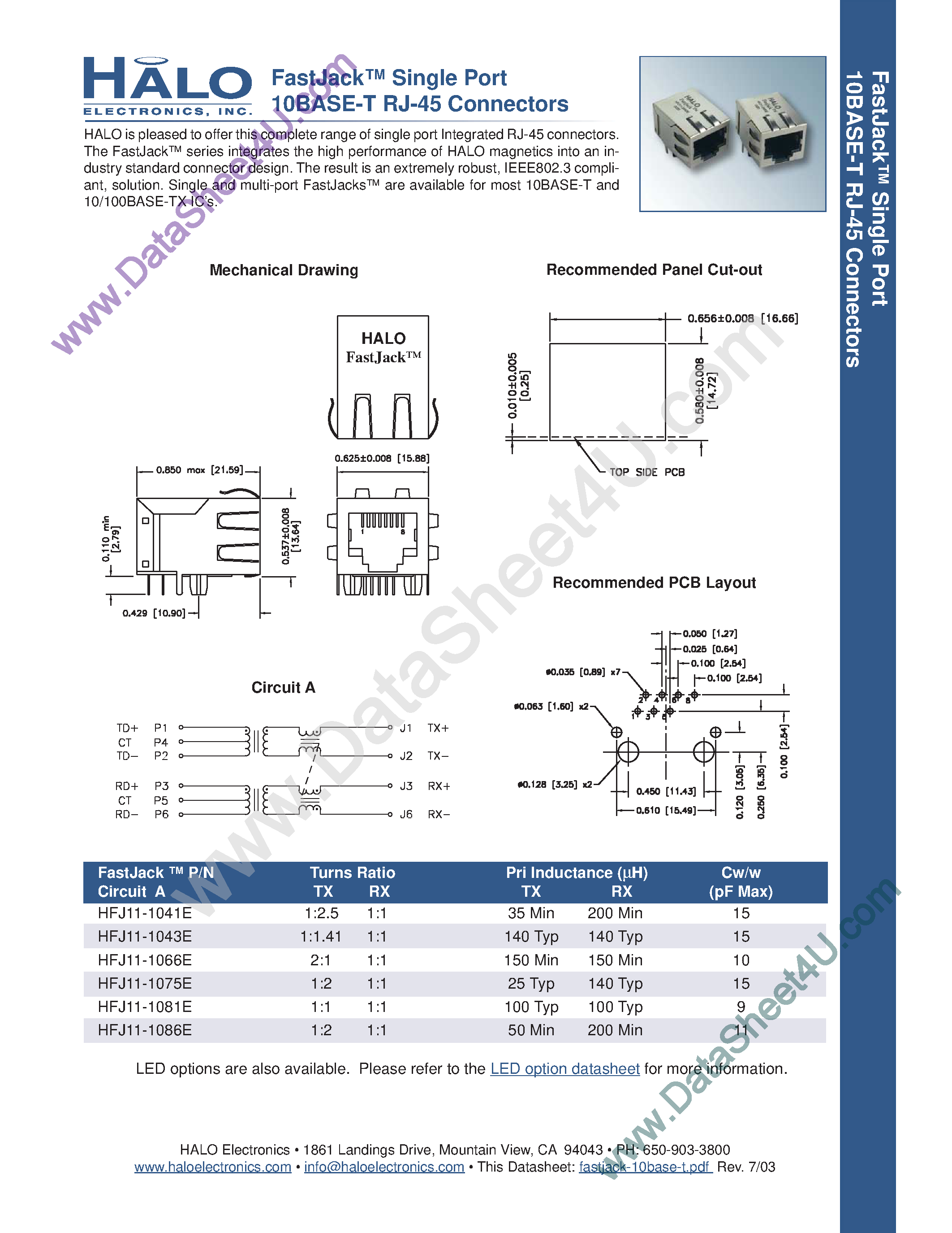 Datasheet HFJ11-10xxE - (HFJ11-xxxx) Single Port 10Base-T RJ-45 Connectors page 1