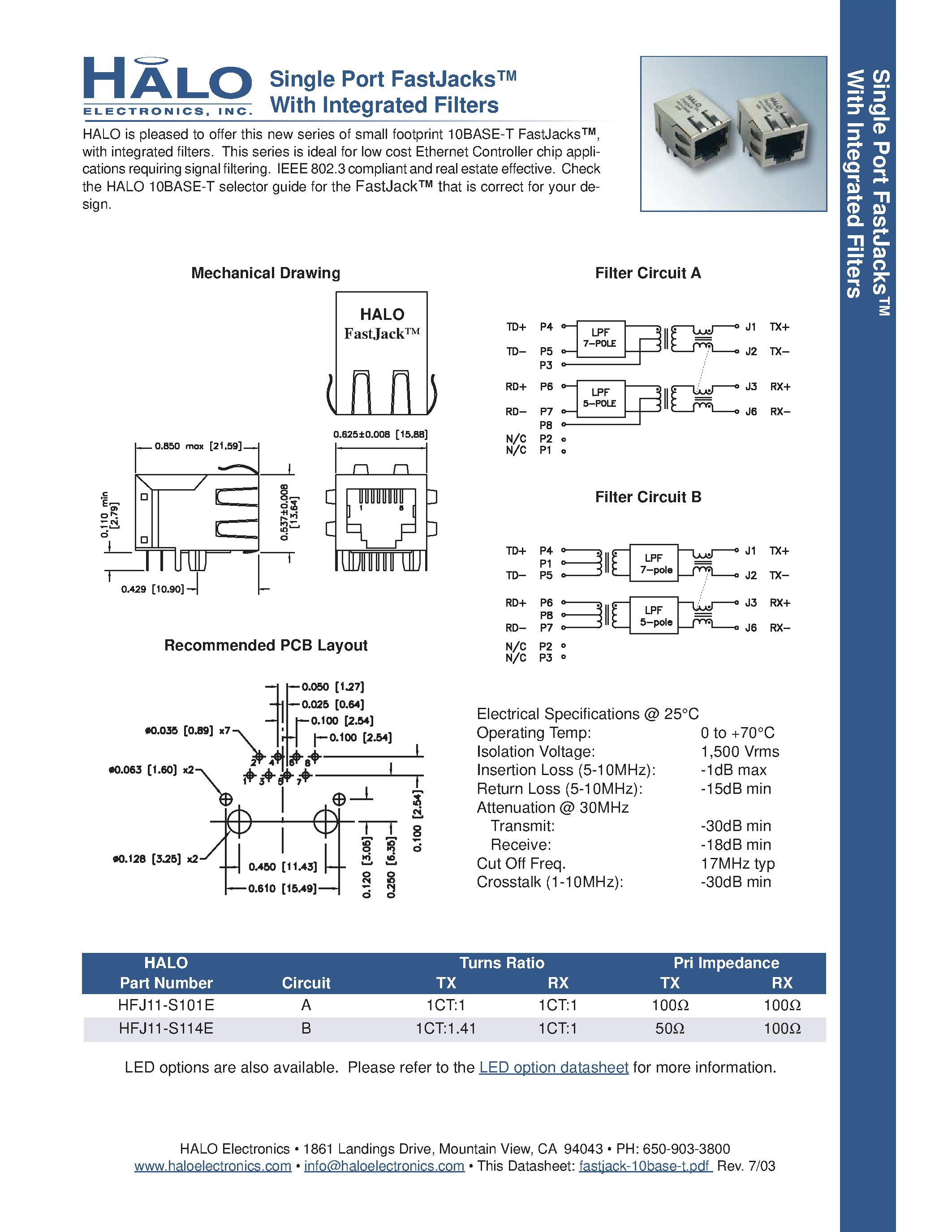 Datasheet HFJ11-10xxE - (HFJ11-xxxx) Single Port 10Base-T RJ-45 Connectors page 2