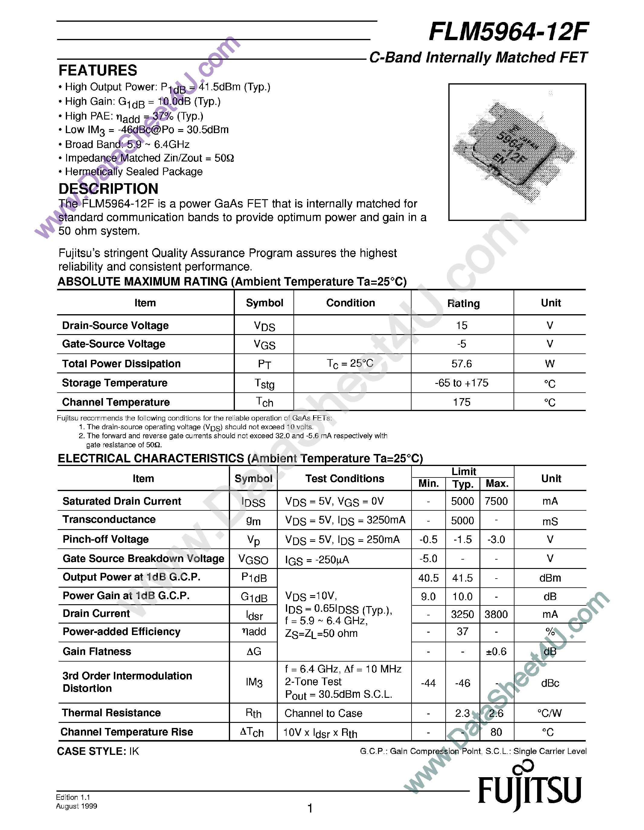 Даташит FLM5964-12F - C-Band Internally Matched FET страница 1
