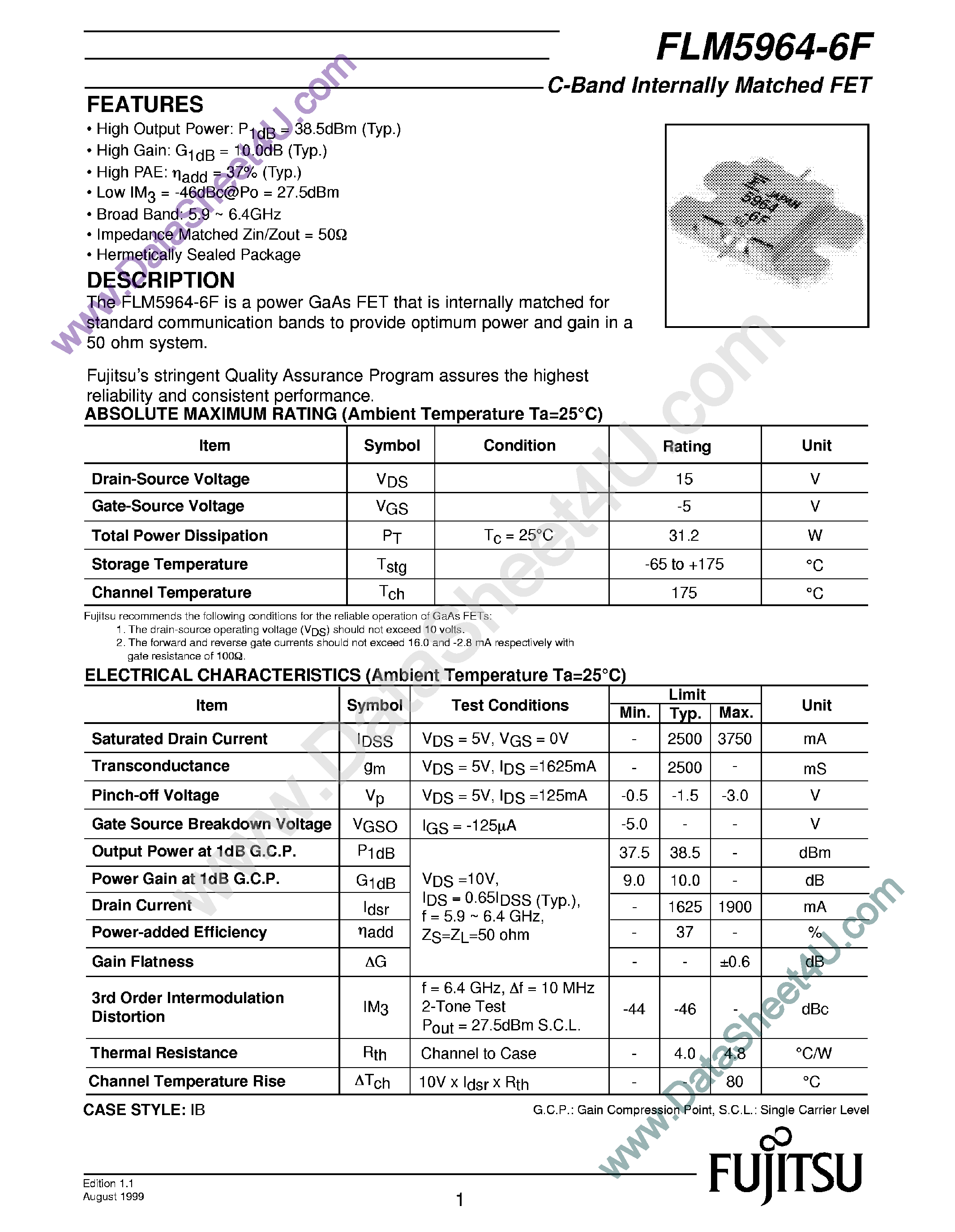 Даташит FLM5964-6F - C-Band Internally Matched FET страница 1