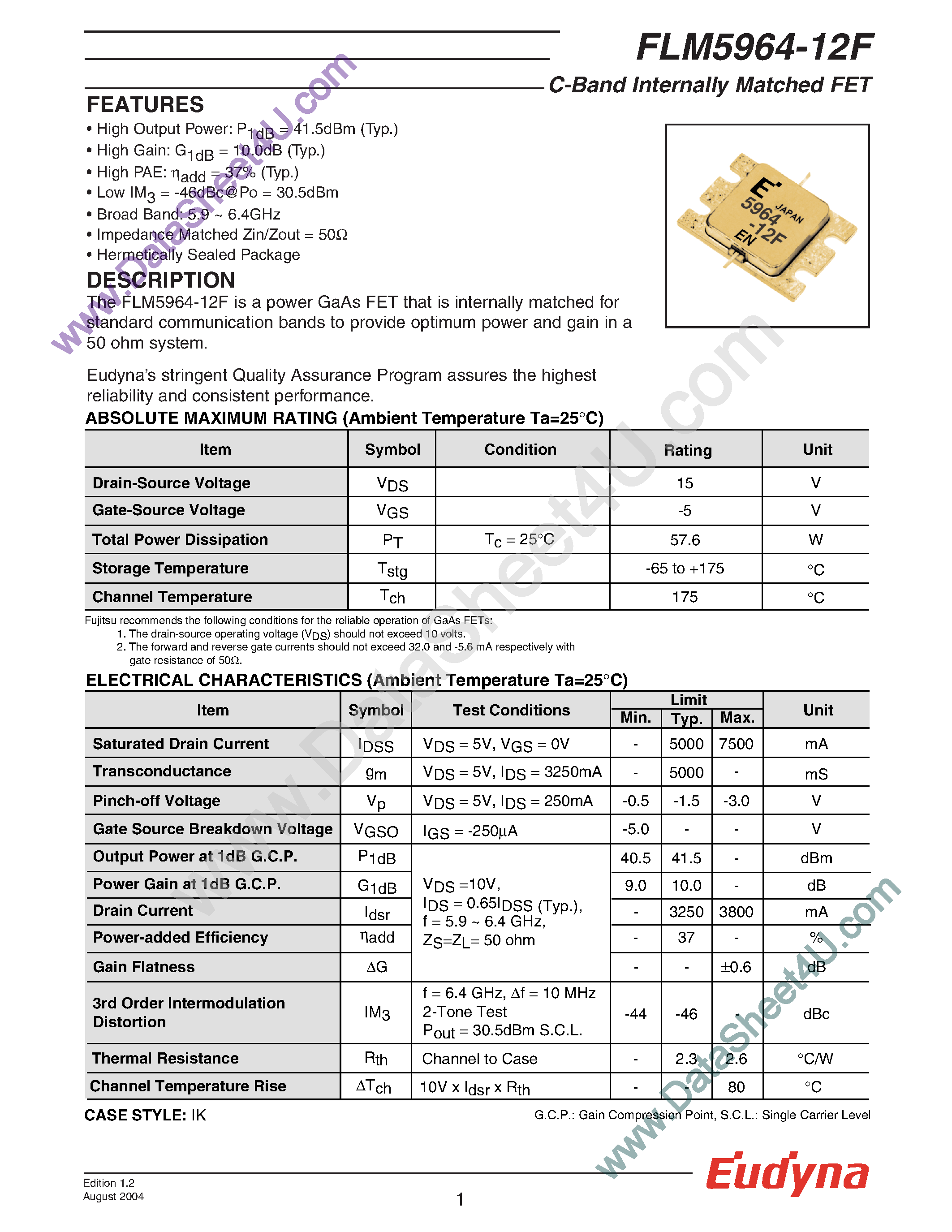 Datasheet FLM5964-12F page 1 Datasheet FLM5964-12F - C-Band Internally Matched FET page 1