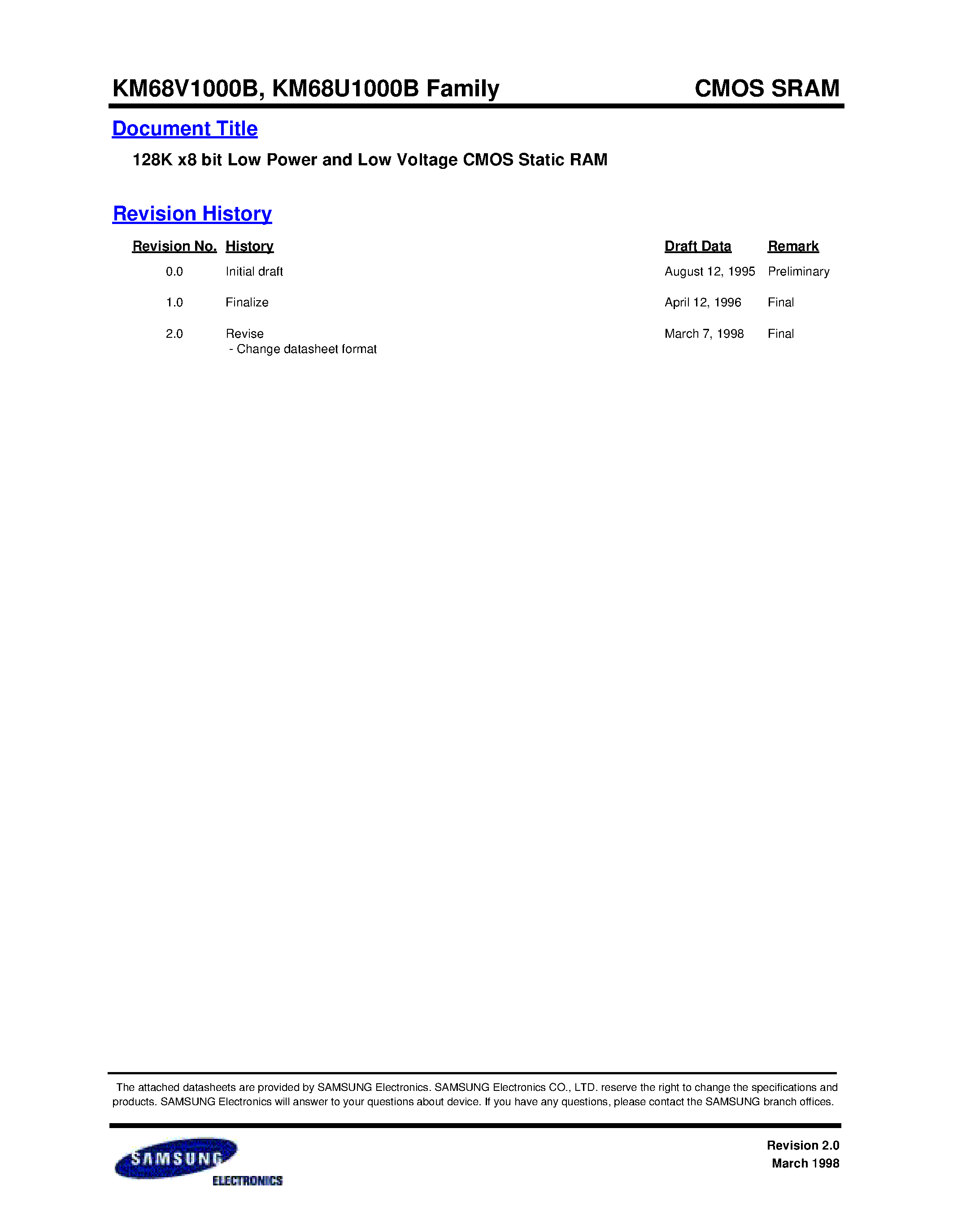 Даташит KM68U1000B - (KM68V1000B / KM68U1000B) 128K X 8bit Low Power and Low Voltage CMOS Statinc RAM страница 1