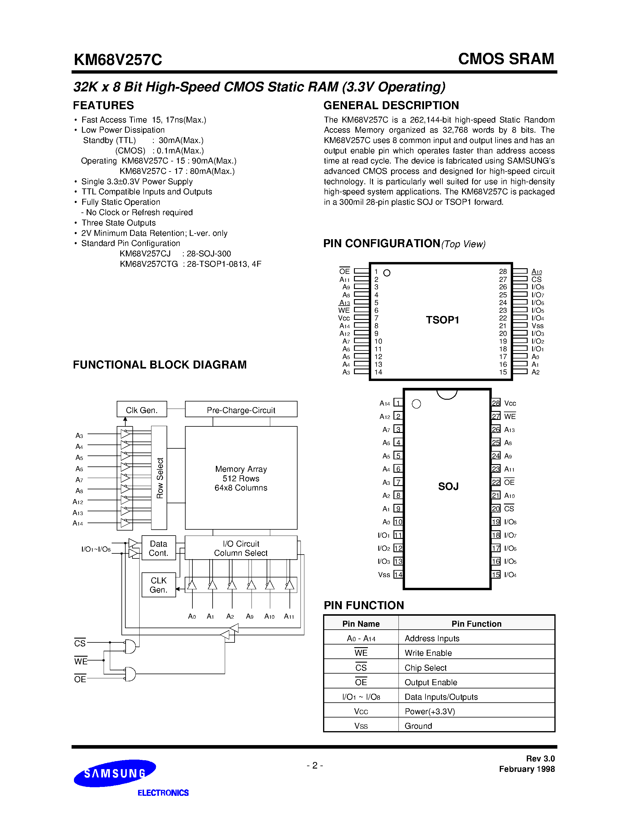 Даташит на микросхему KM68V257C страница 2 Даташит KM68V257C - 32K X 8 Bit High Speed CMOS Static RAM страница 2