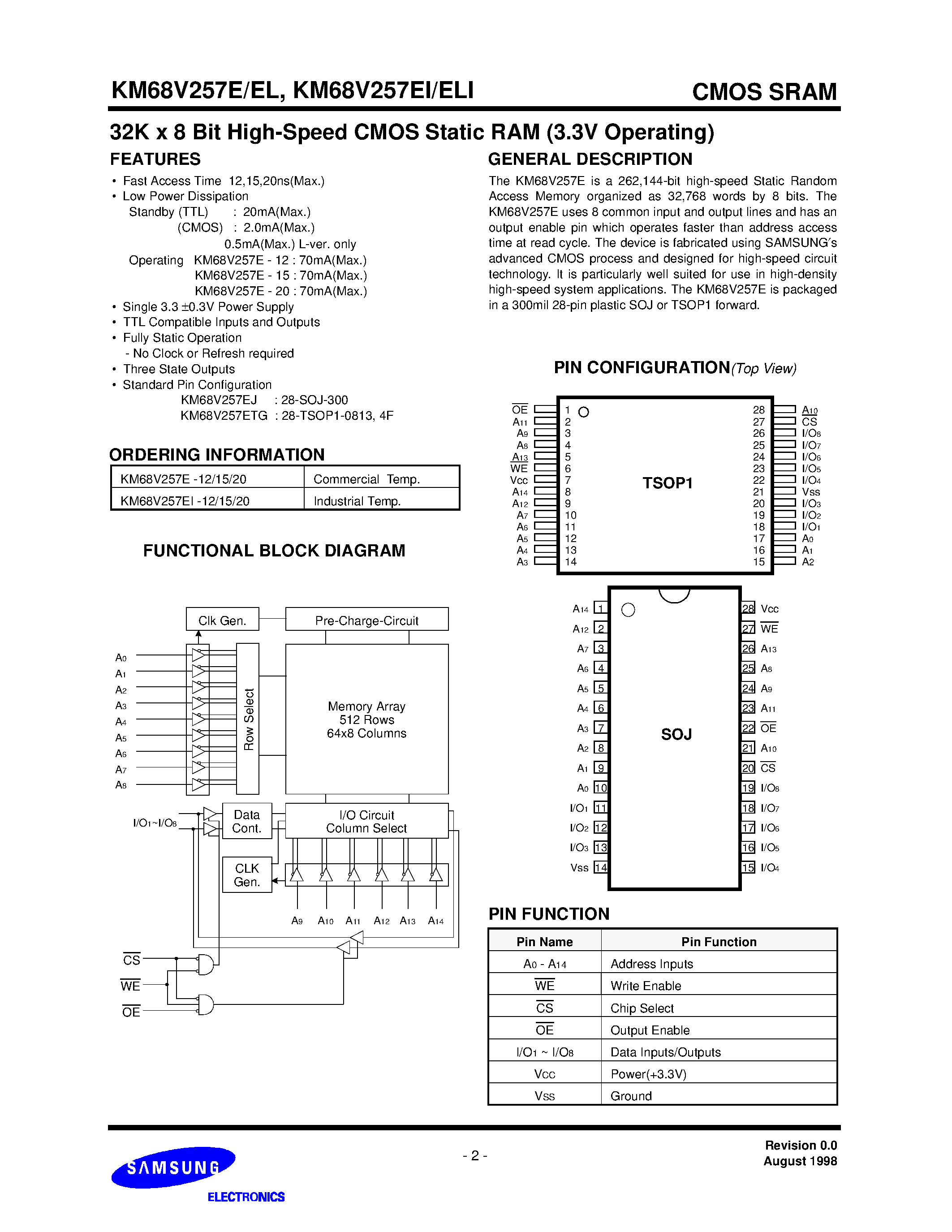 Даташит на микросхему KM68V257E страница 2 Даташит KM68V257E - 32K X 8 Bit High Speed CMOS Static RAM страница 2