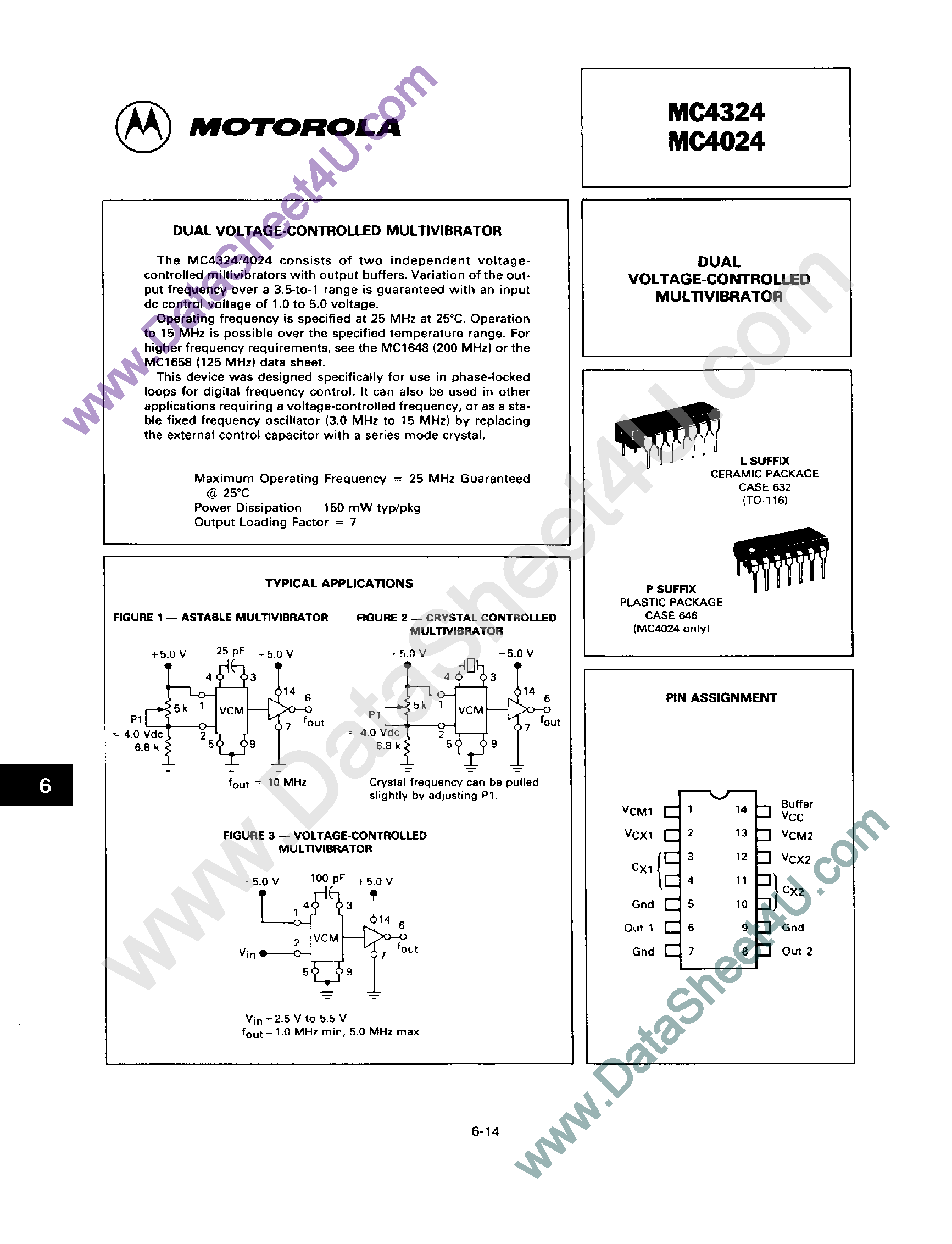 Даташит на микросхему MC4024 страница 1 Даташит MC4024 - (MC4024 / MC4324) Dual Voltage Controlled Multivibartor страница 1