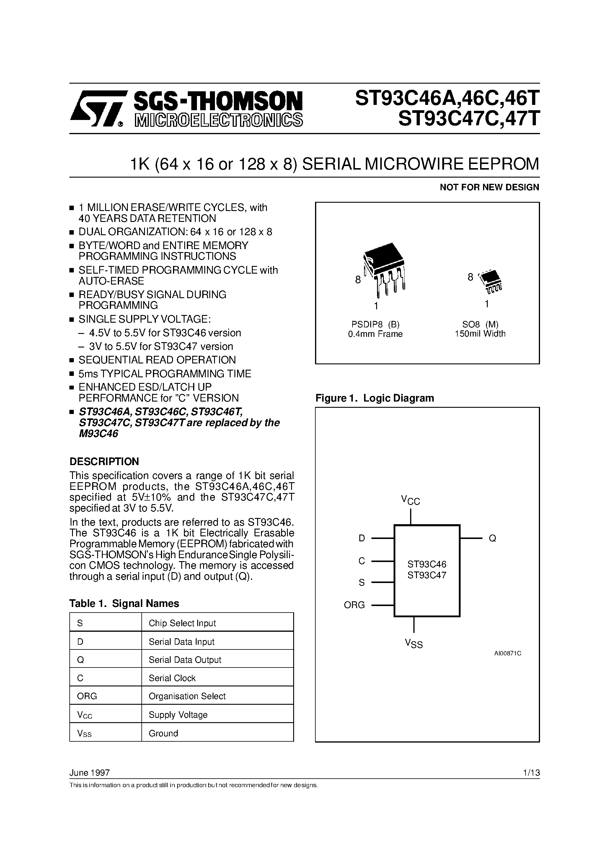 Даташит на микросхему ST93C46 страница 1 Даташит ST93C46 - 1K 64 x 16 or 128 x 8 SERIAL MICROWIRE EEPROM страница 1