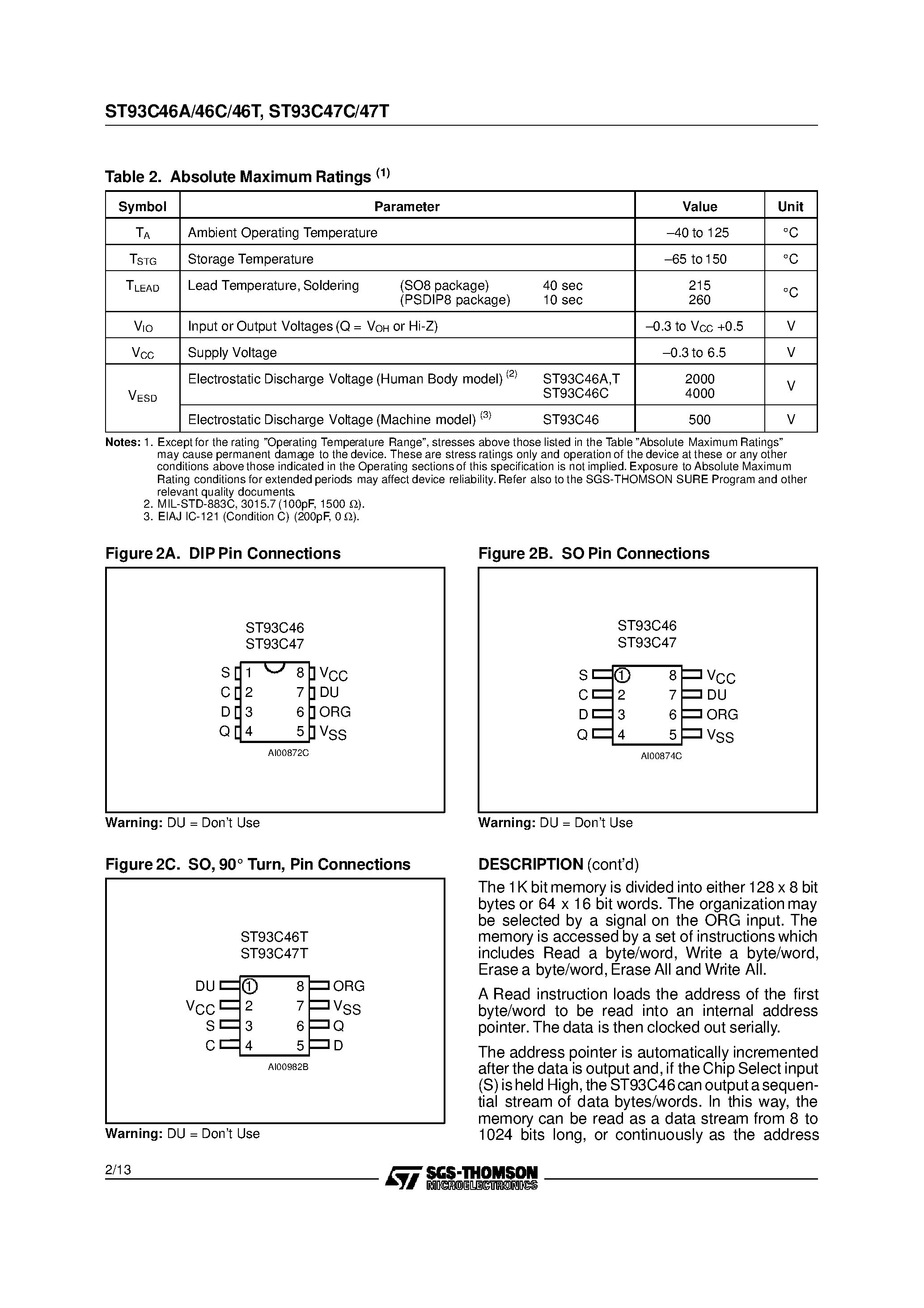 Даташит на микросхему ST93C46 страница 2 Даташит ST93C46 - 1K 64 x 16 or 128 x 8 SERIAL MICROWIRE EEPROM страница 2