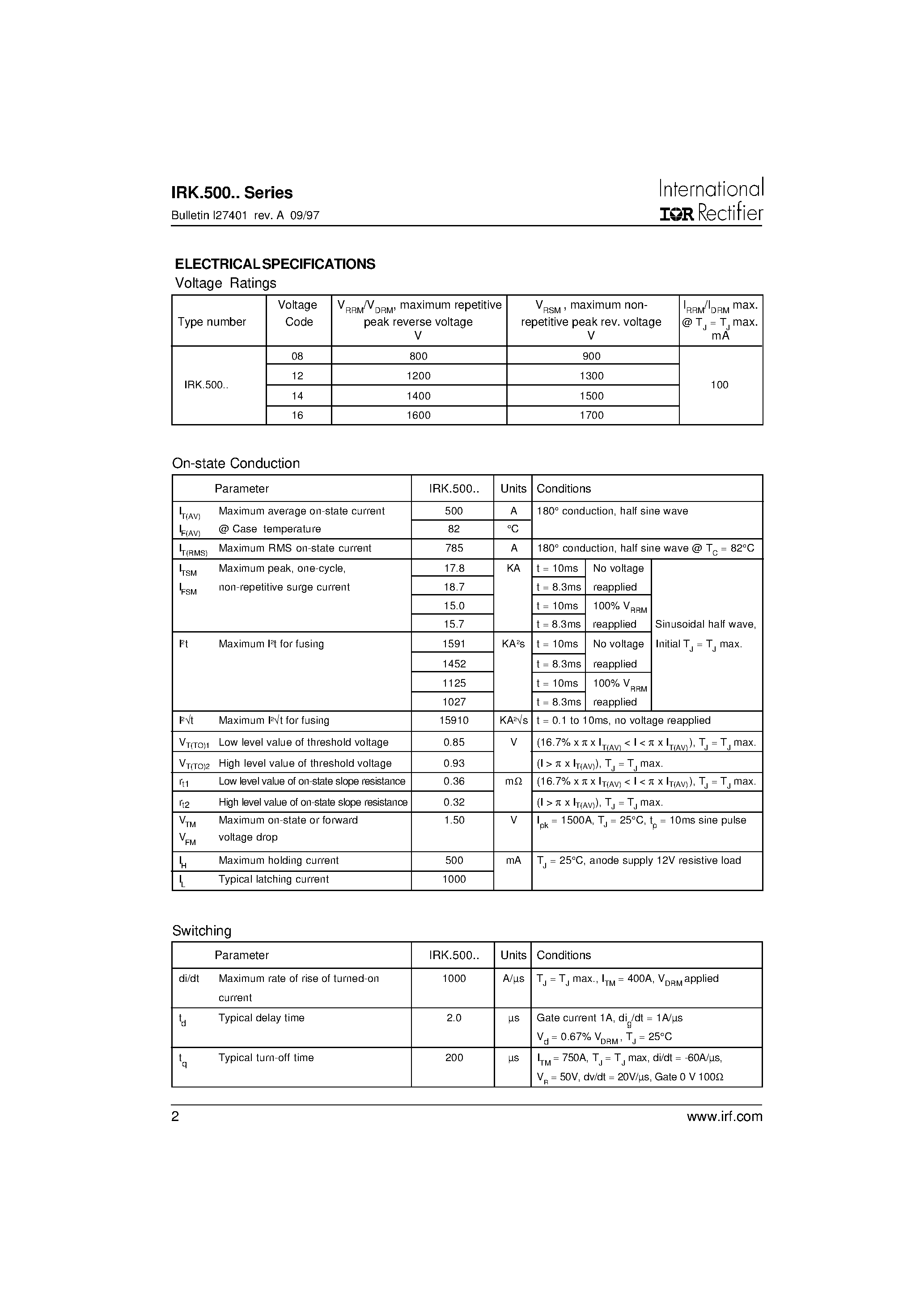 Datasheet IRKH500 page 2 Datasheet IRKH500 - SUPER MAGN-A-pak Power Modules page 2