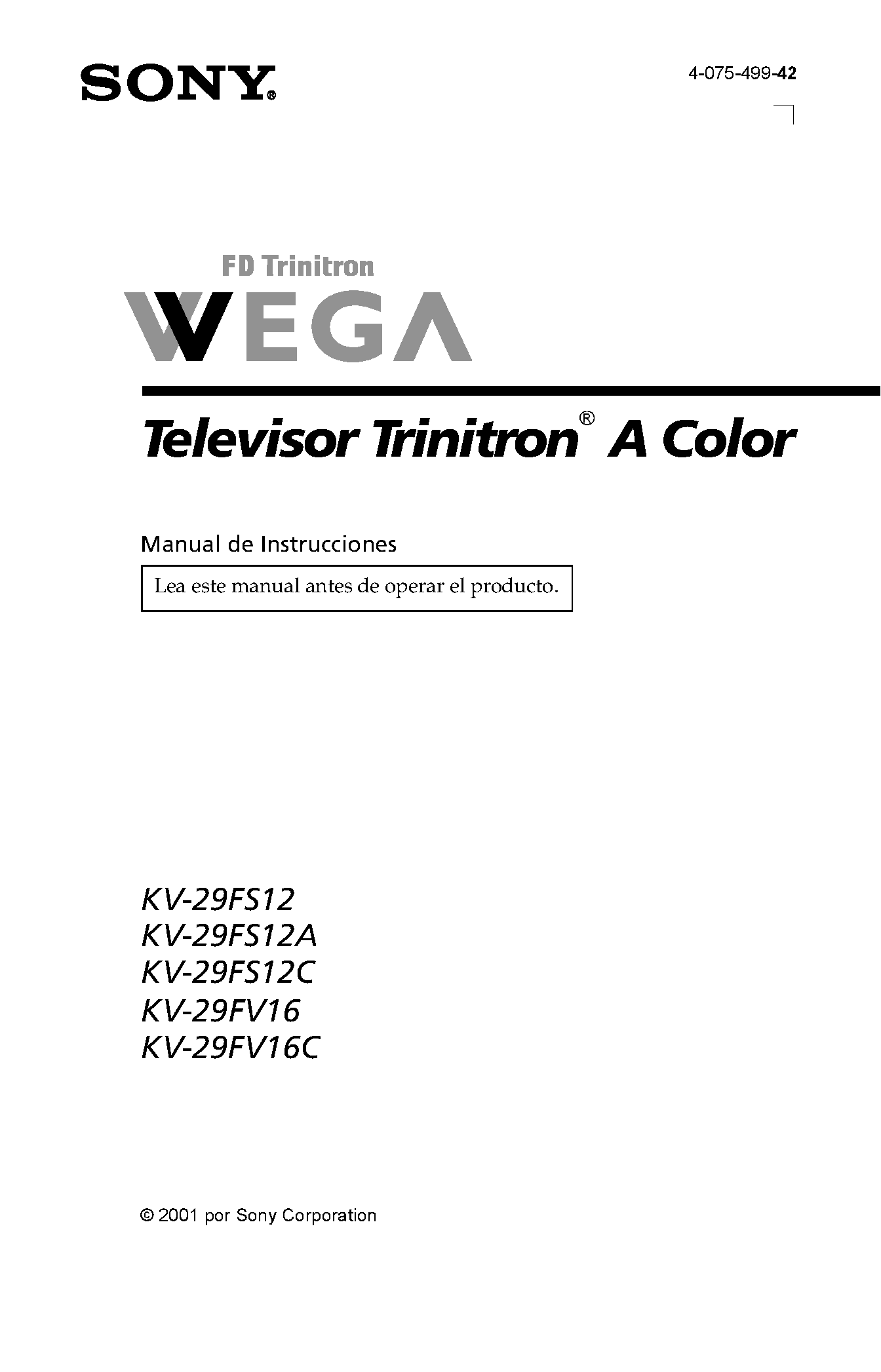Datasheet KV-29FS12 - (KV-29Fxxx) TV Trinitron A Color page 1