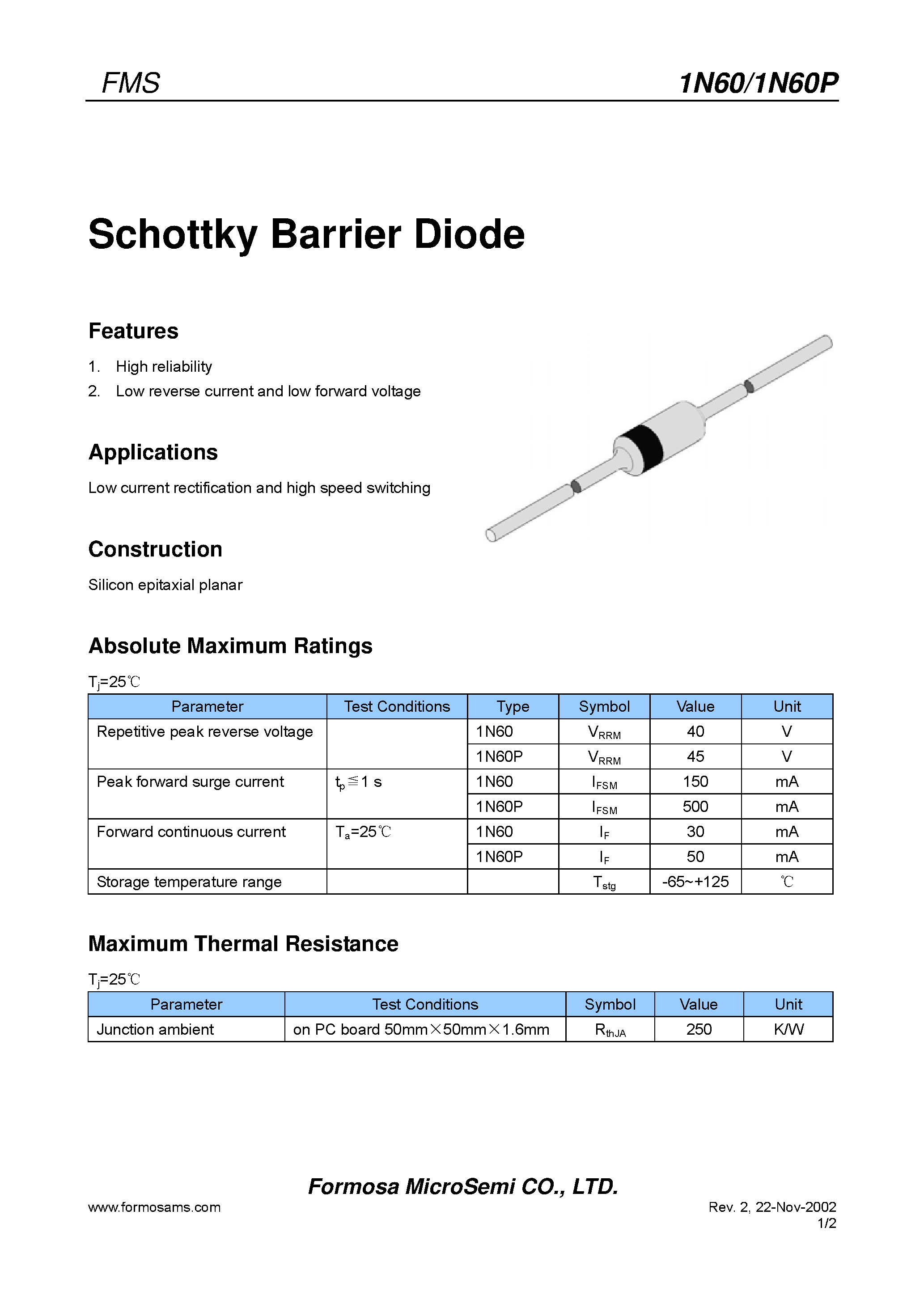 Datasheet 1N60P - Schottky Barrier Diode page 1