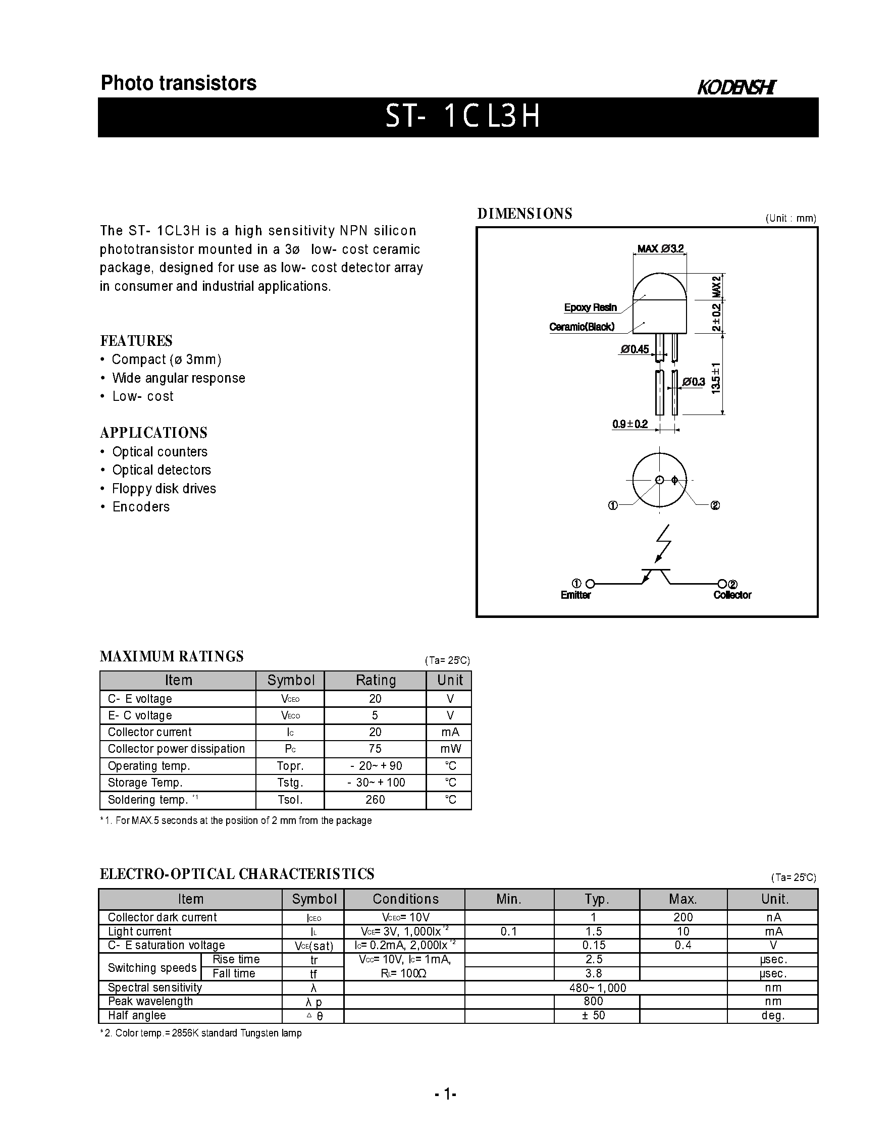 Datasheet ST-1CL3H - Photo transistors(high sensitivity NPN silicon phototransistor mounted) page 1