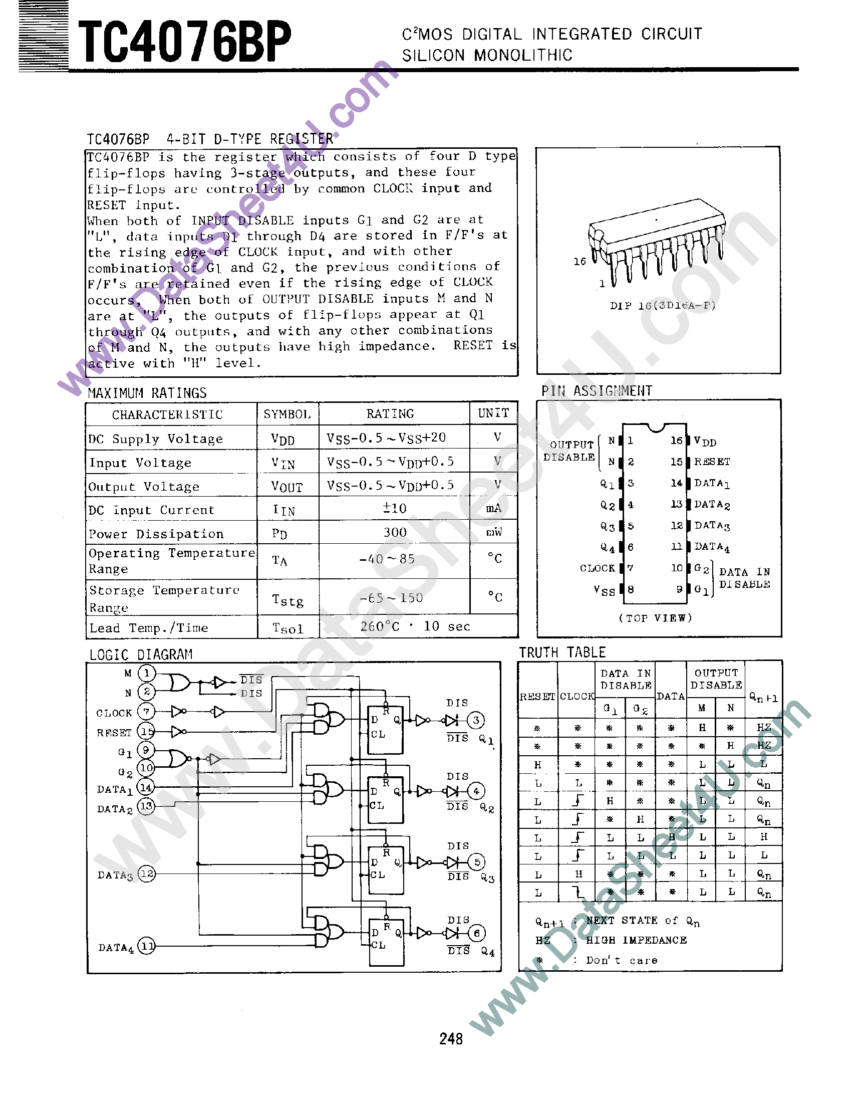 Datasheet TC4076BP - 4-Bit D-Type Register page 1
