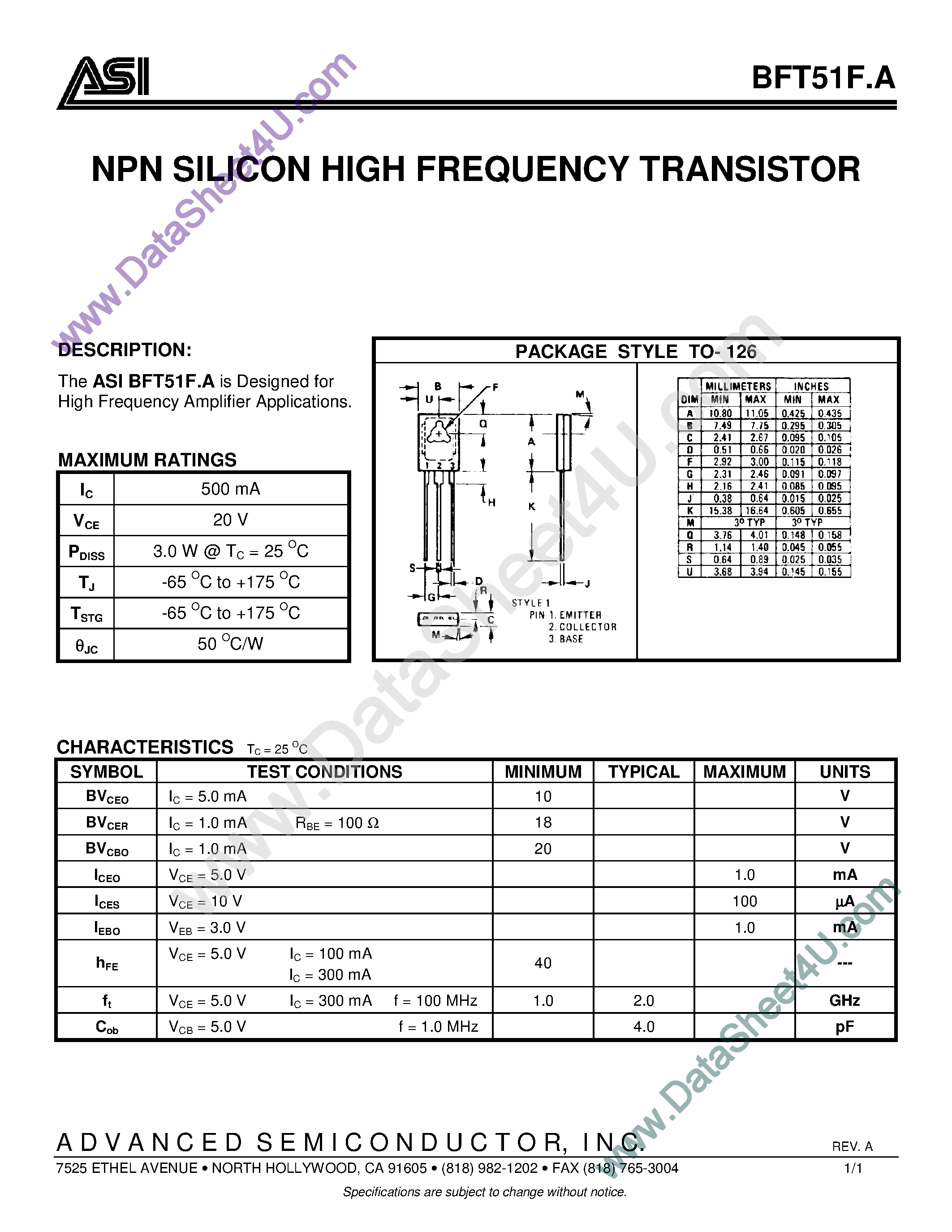 Datasheet BFT51F.A - NPN Silicon High Frequency Transistor page 1