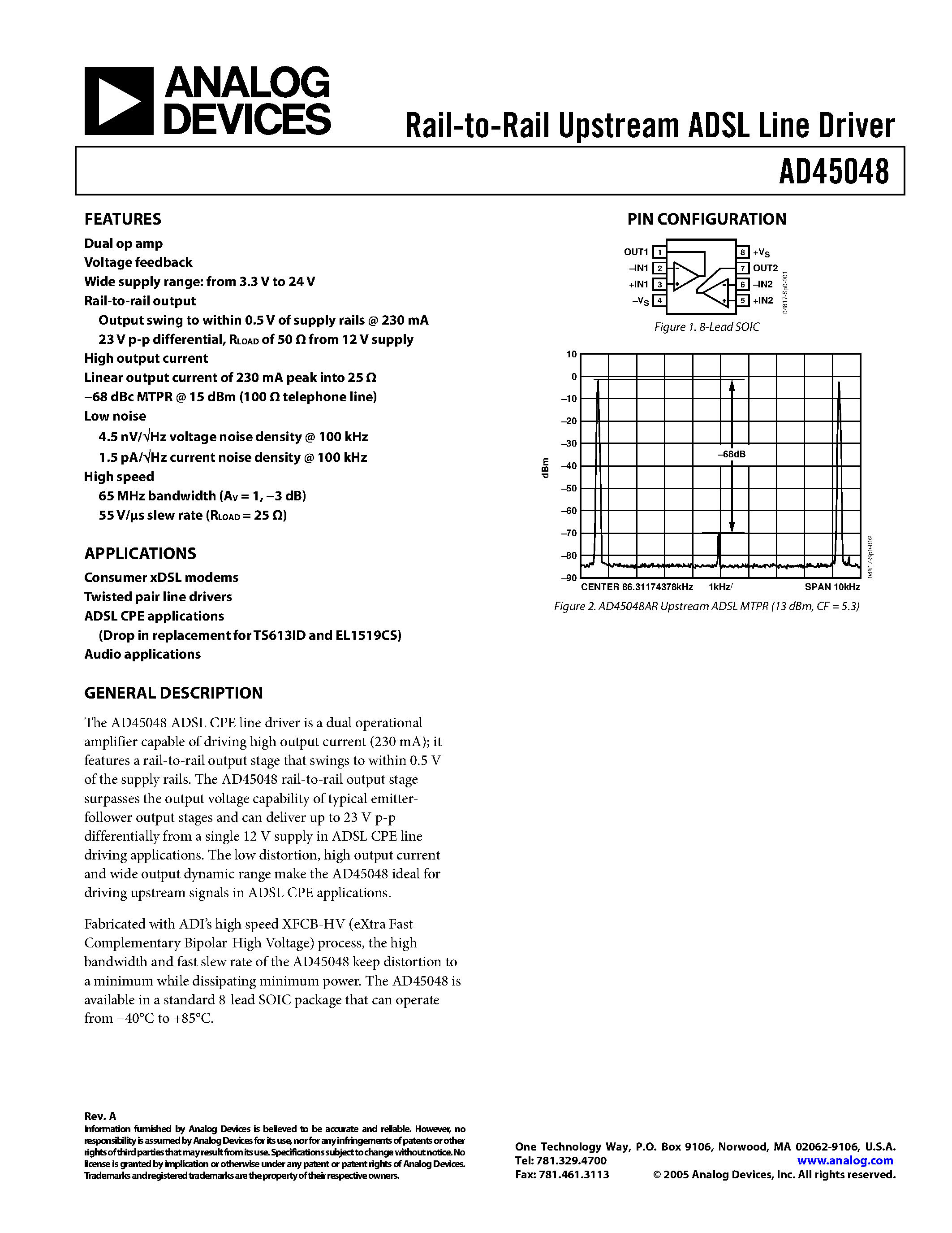 Datasheet AD45048 - Rail-to-Rail Upstream ADSL Line Driver page 1