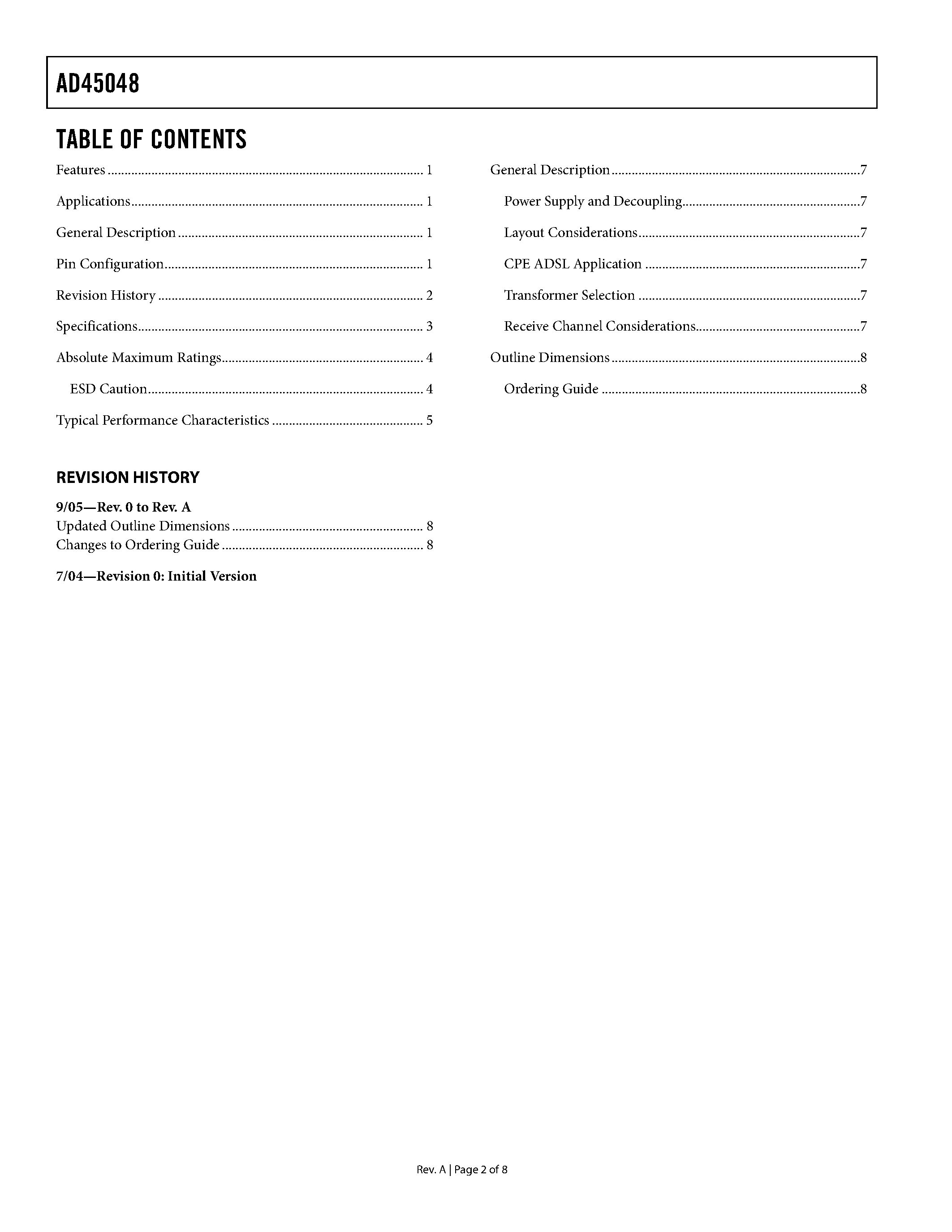 Datasheet AD45048 - Rail-to-Rail Upstream ADSL Line Driver page 2