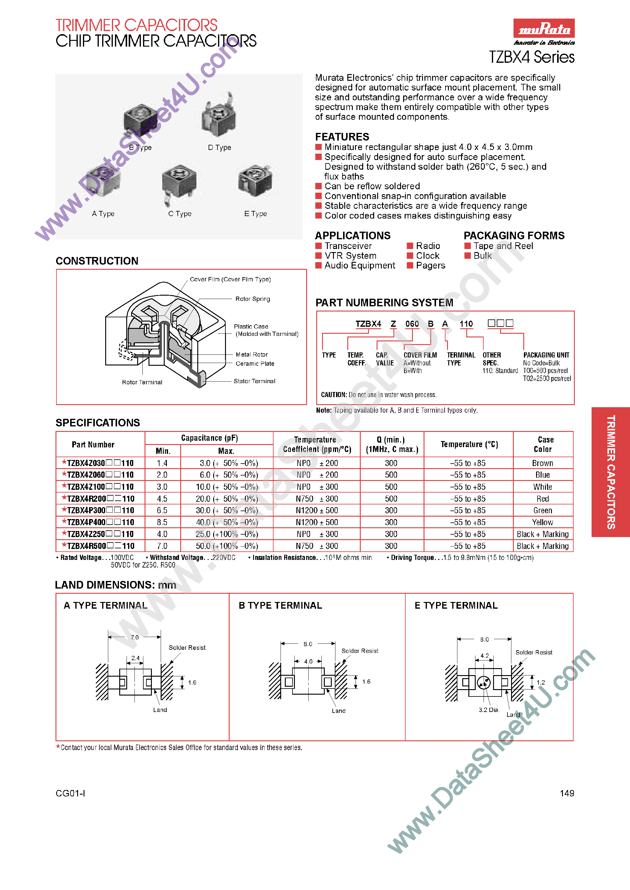 Datasheet TZBX4P300xxx - TZBX4 Series / Trimmer Capacitors Chip Trimmer Capacitors page 1