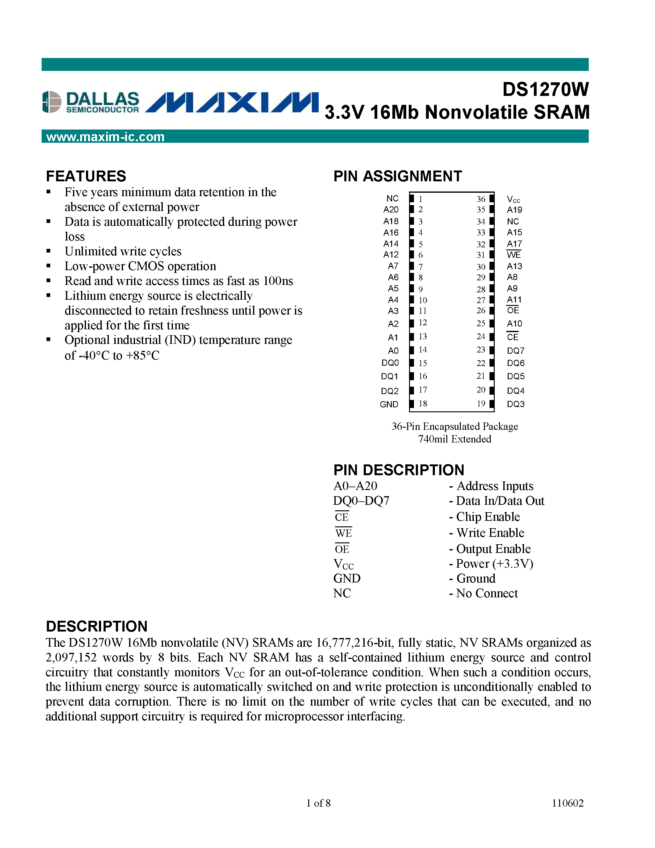 Datasheet DS1270W page 1 Datasheet DS1270W - 3.3V 16Mb Nonvolatile SRAM page 1