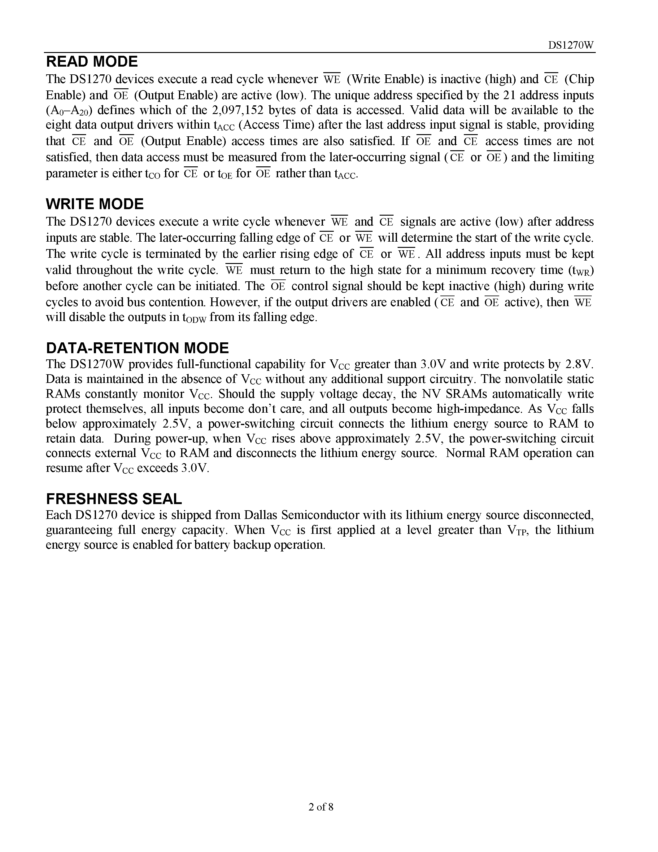 Datasheet DS1270W page 2 Datasheet DS1270W - 3.3V 16Mb Nonvolatile SRAM page 2