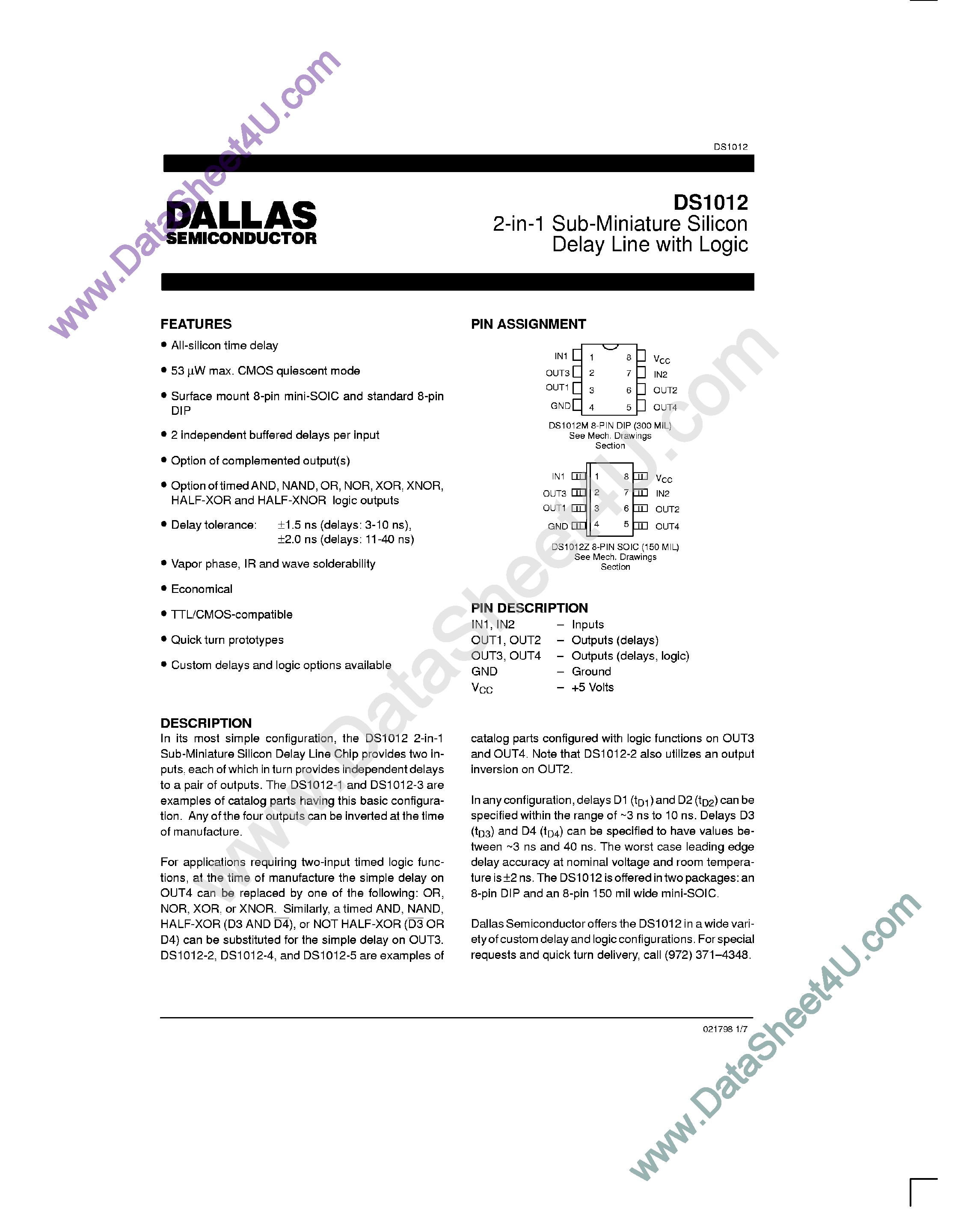 Datasheet DS1012 - 2-in-1 Sub-Miniature Silicon Delay Linw page 1