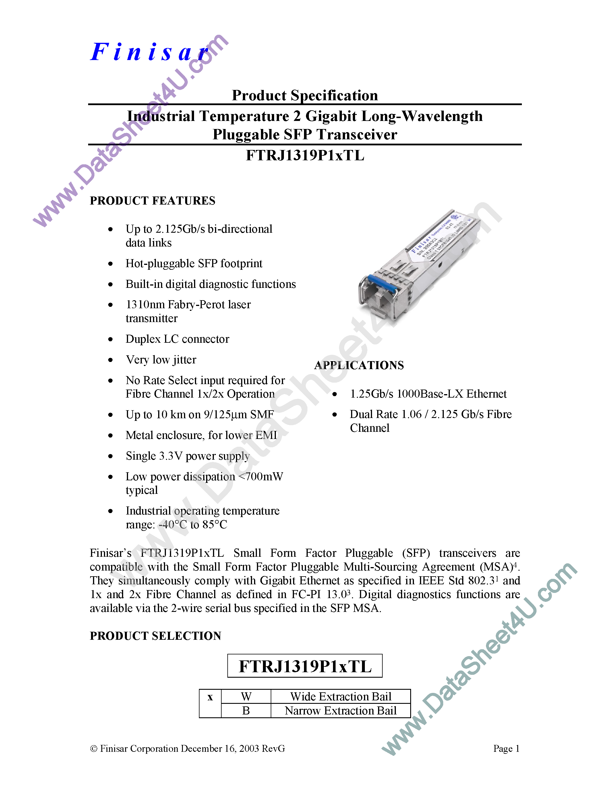 Даташит на микросхему FTRJ1319P1xTL страница 1 Даташит FTRJ1319P1xTL - Industrial Temperature 2 Gigabit Long-Wavelength Pluggable SFP Transceiver страница 1