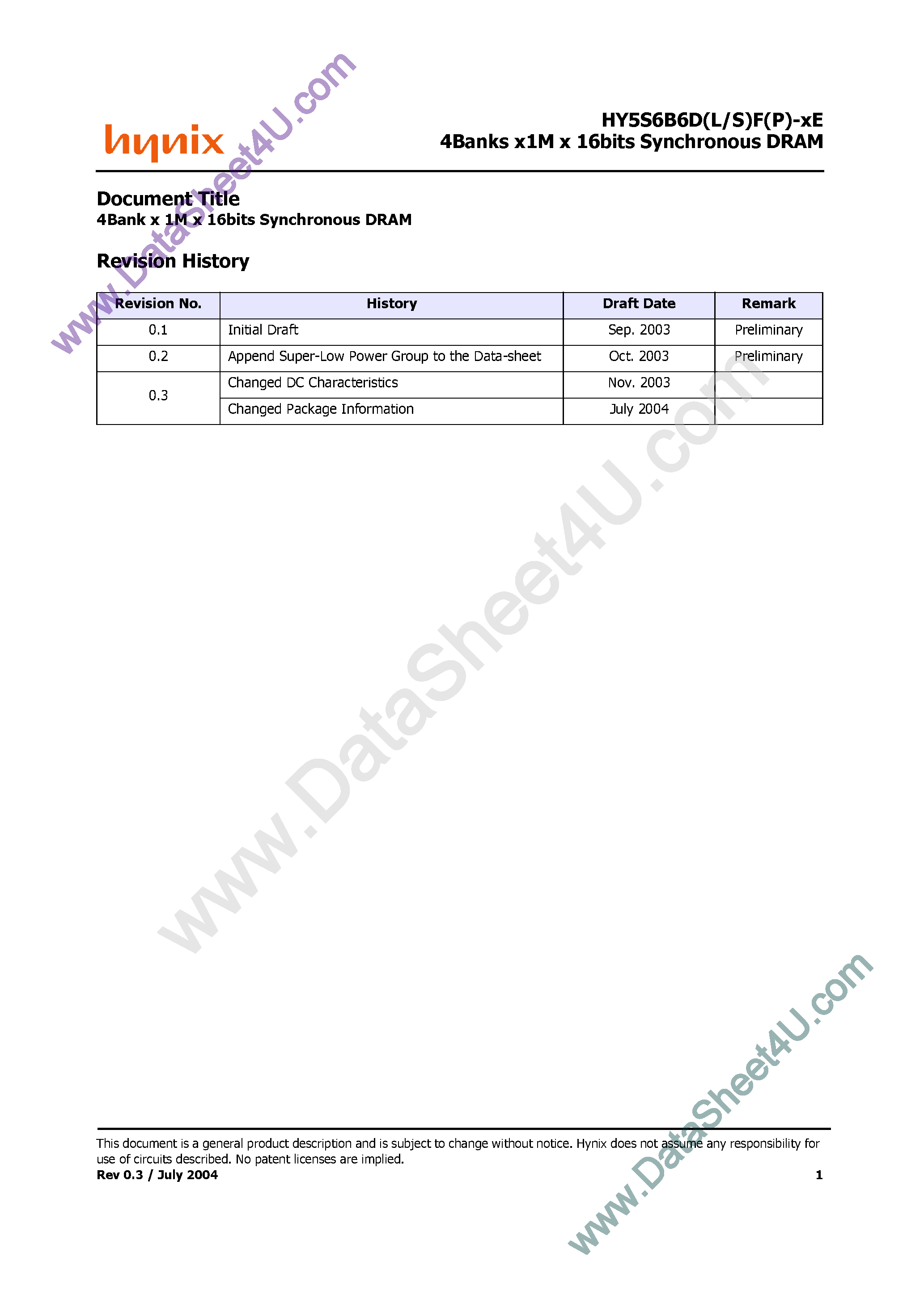 Datasheet HY5S6B6 - (HY5S6B6D/L/S/F/P) 4Banks x 1M x 16-Bits SDRAM page 1