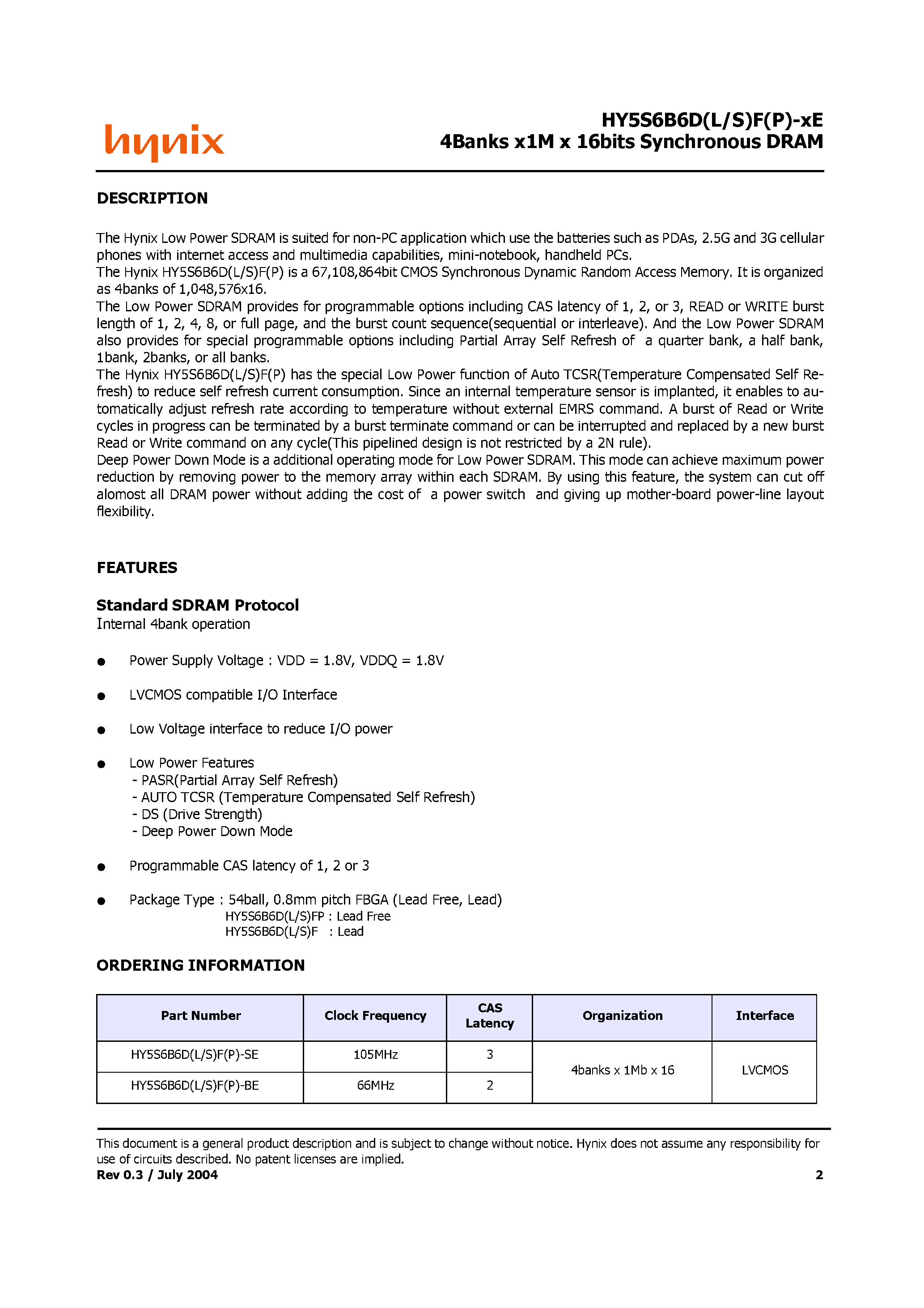 Datasheet HY5S6B6 - (HY5S6B6D/L/S/F/P) 4Banks x 1M x 16-Bits SDRAM page 2