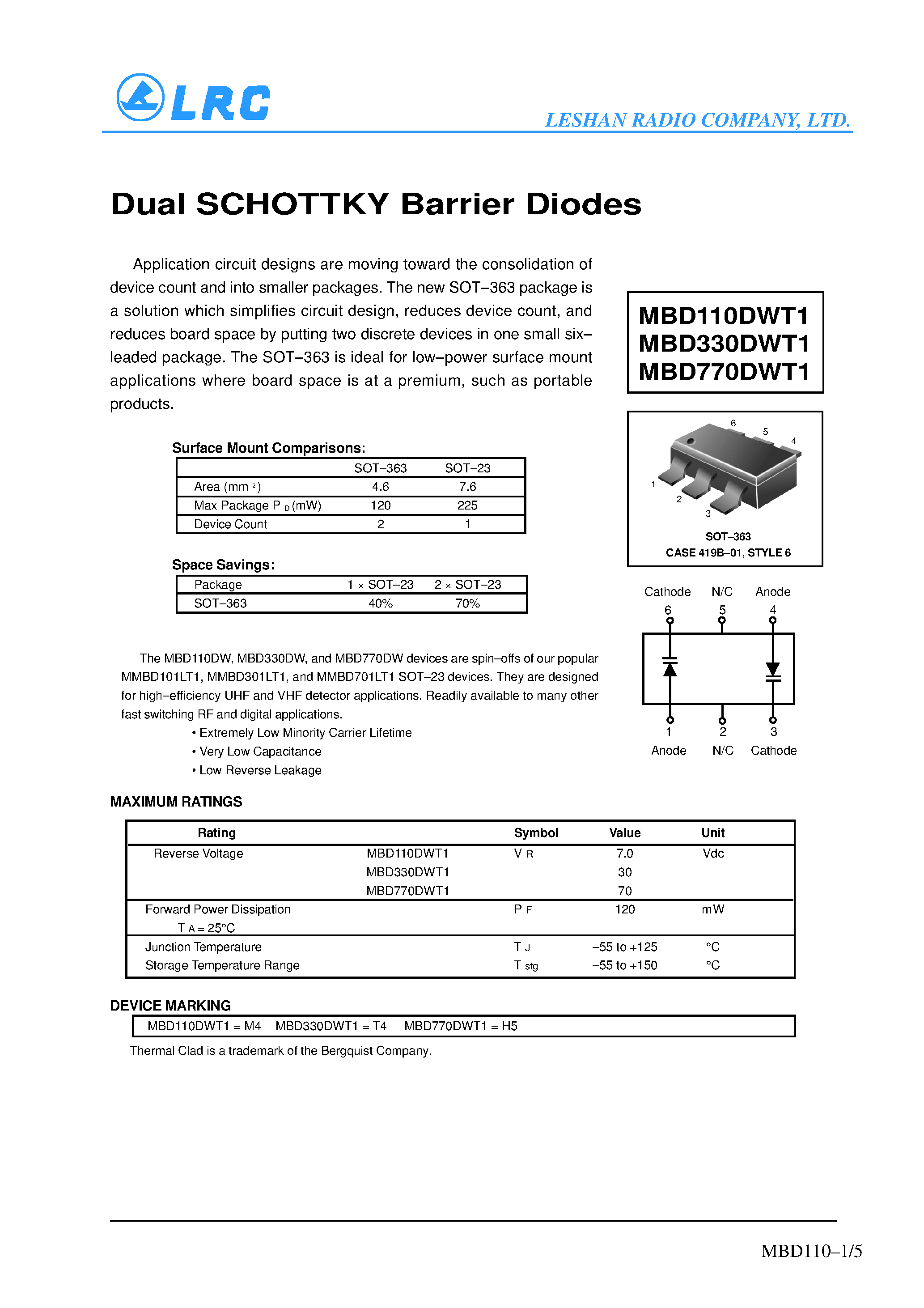Даташит на микросхему MBD110DWT1 страница 1 Даташит MBD110DWT1 - (MBDxx0DWT1) Dual SCHOTTKY Barrier Diodes страница 1