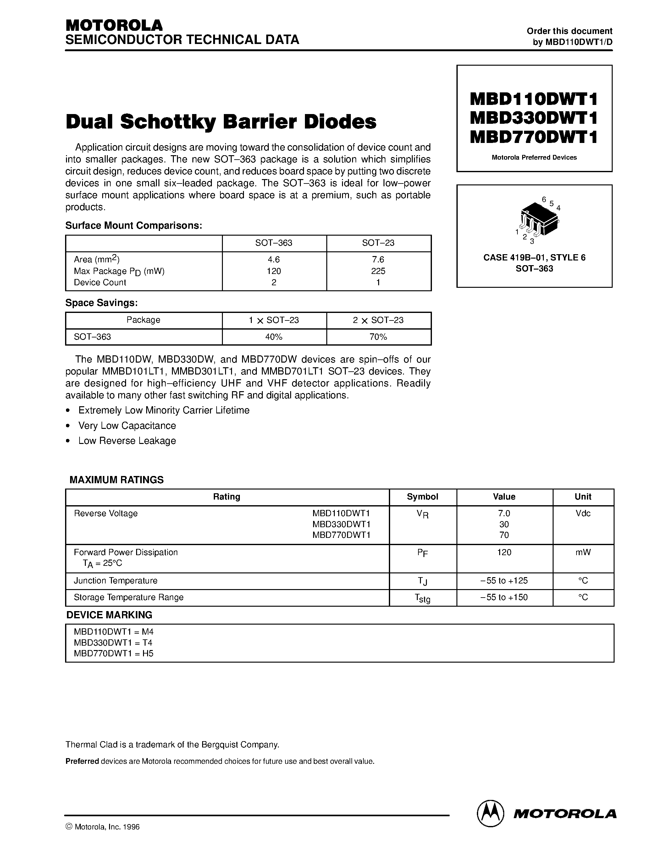 Даташит на микросхему MBD110DWT1 страница 1 Даташит MBD110DWT1 - (MBDxx0DWT1) Dual Schottky Barrier Diodes страница 1