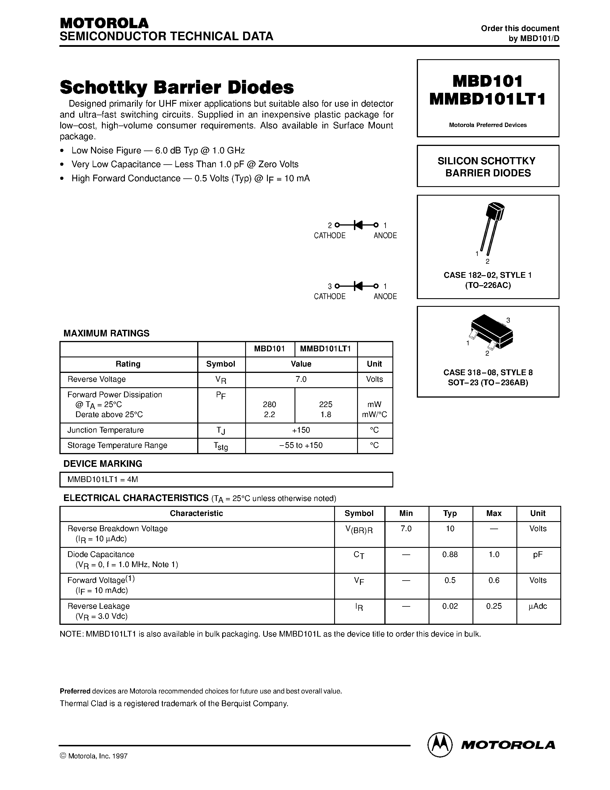 Даташит на микросхему MBD101 страница 1 Даташит MBD101 - (MBD101 / MBD101LT1) SILICON SCHOTTKY BARRIER DIODES страница 1