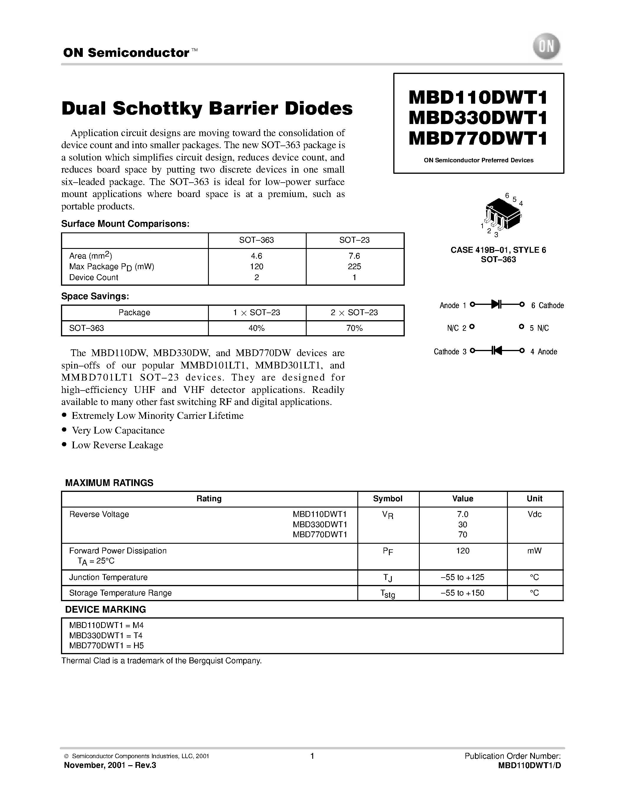 Даташит на микросхему MBD110DWT1 страница 1 Даташит MBD110DWT1 - (MBDxx0DWT1) Dual Schottky Barrier Diodes страница 1