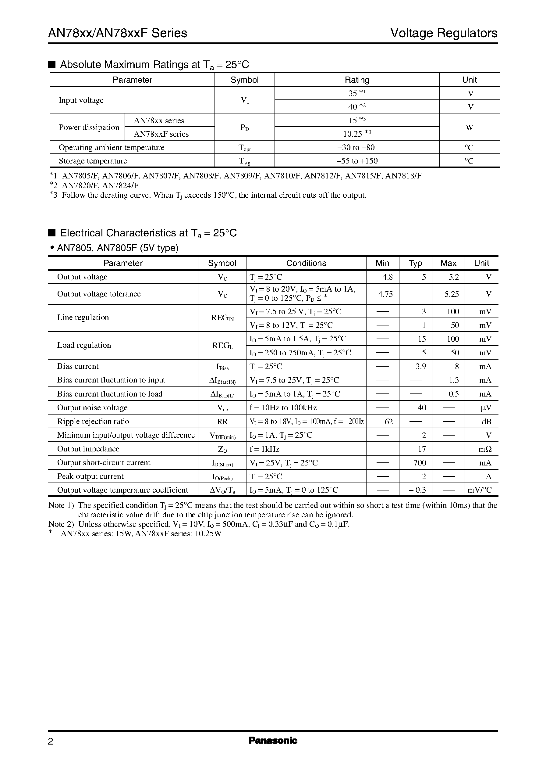 Даташит на микросхему AN7805 страница 2 Даташит AN7805 - (AN78xx/F) 3-pin positive output voltage regulator (1 A type) страница 2