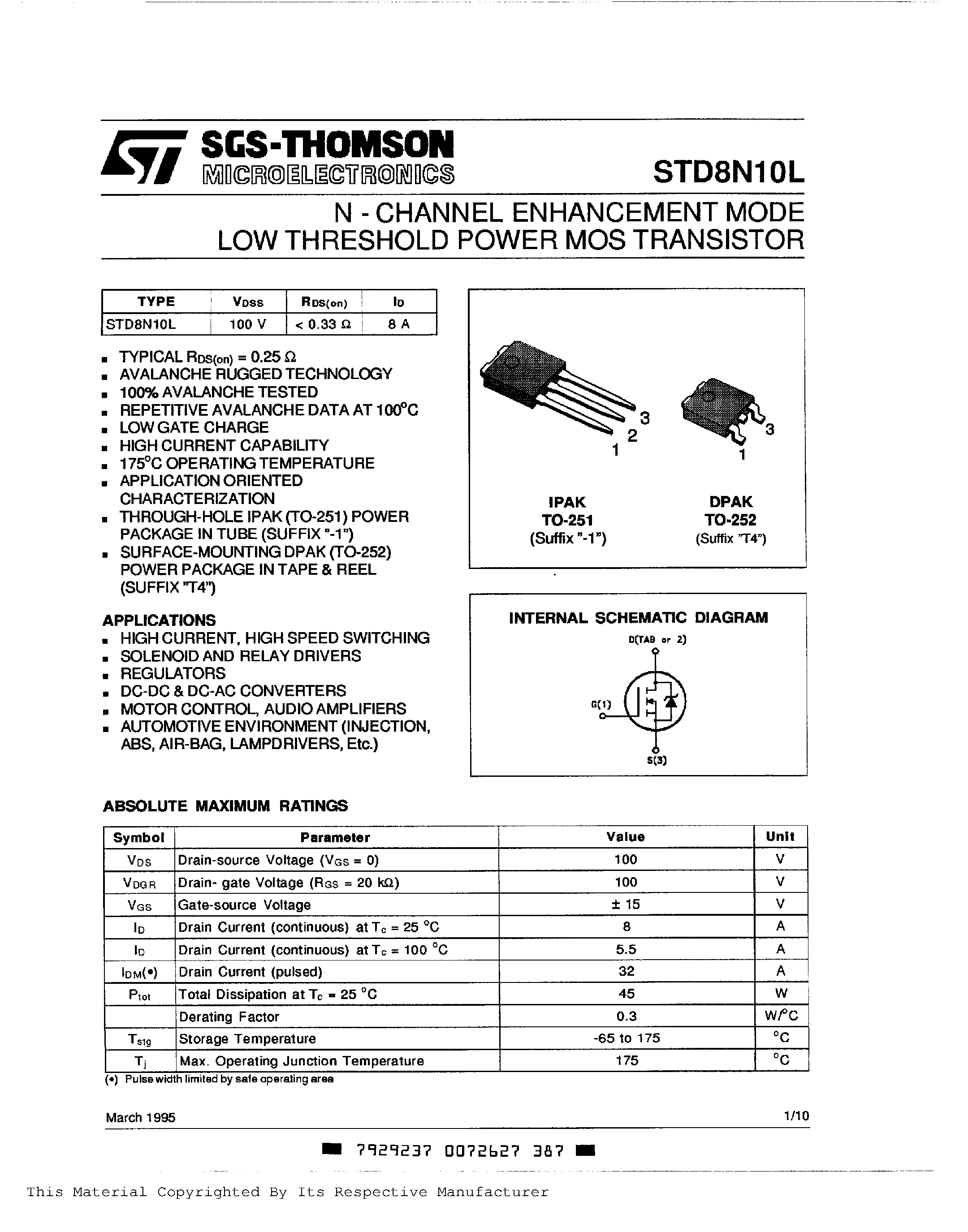 Datasheet STD8N10L page 1 Datasheet STD8N10L - N-CHANNEL ENHANCEMENT MODE LOW THRESHOLD POWER MOS TRANSISTOR page 1