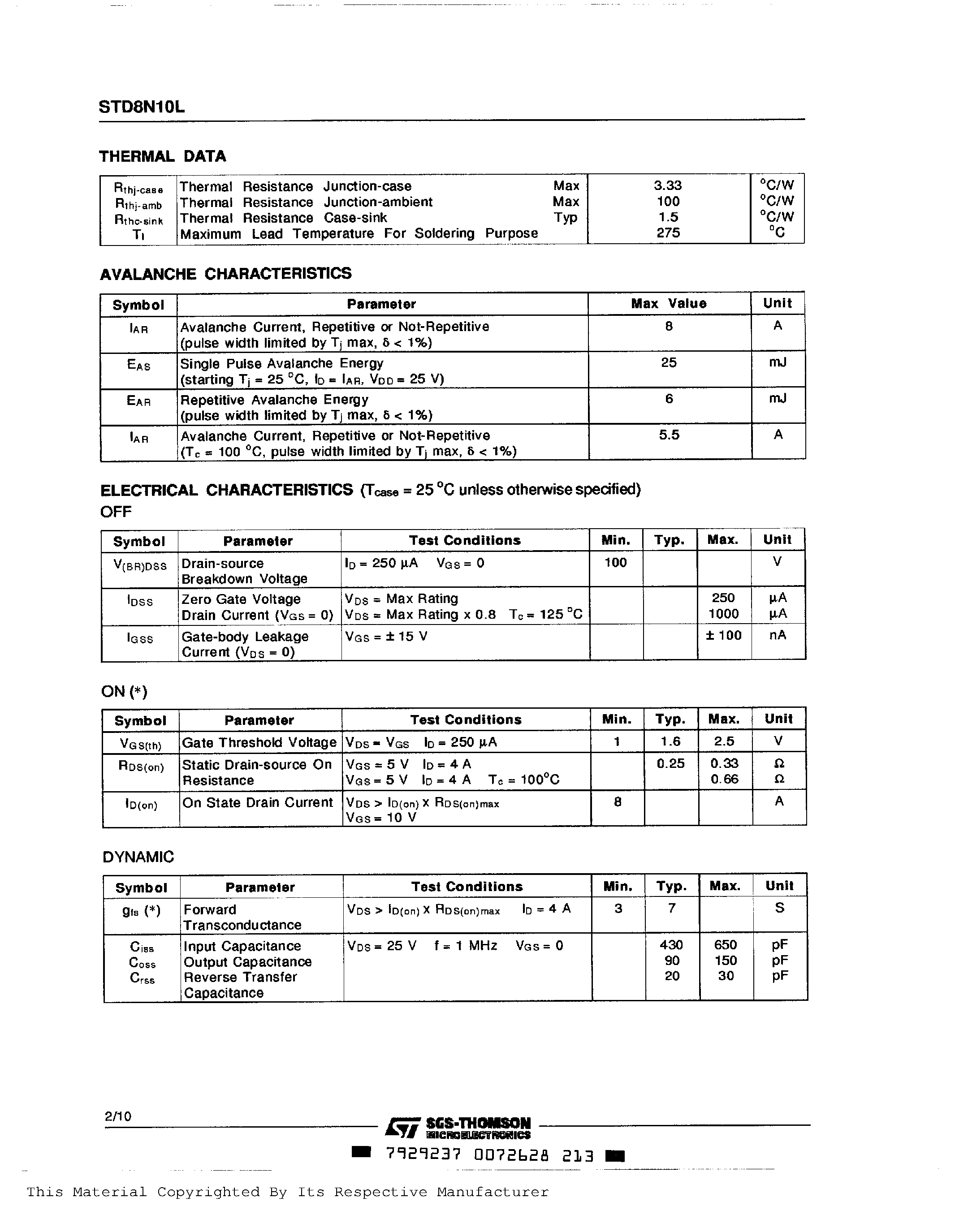 Datasheet STD8N10L page 2 Datasheet STD8N10L - N-CHANNEL ENHANCEMENT MODE LOW THRESHOLD POWER MOS TRANSISTOR page 2