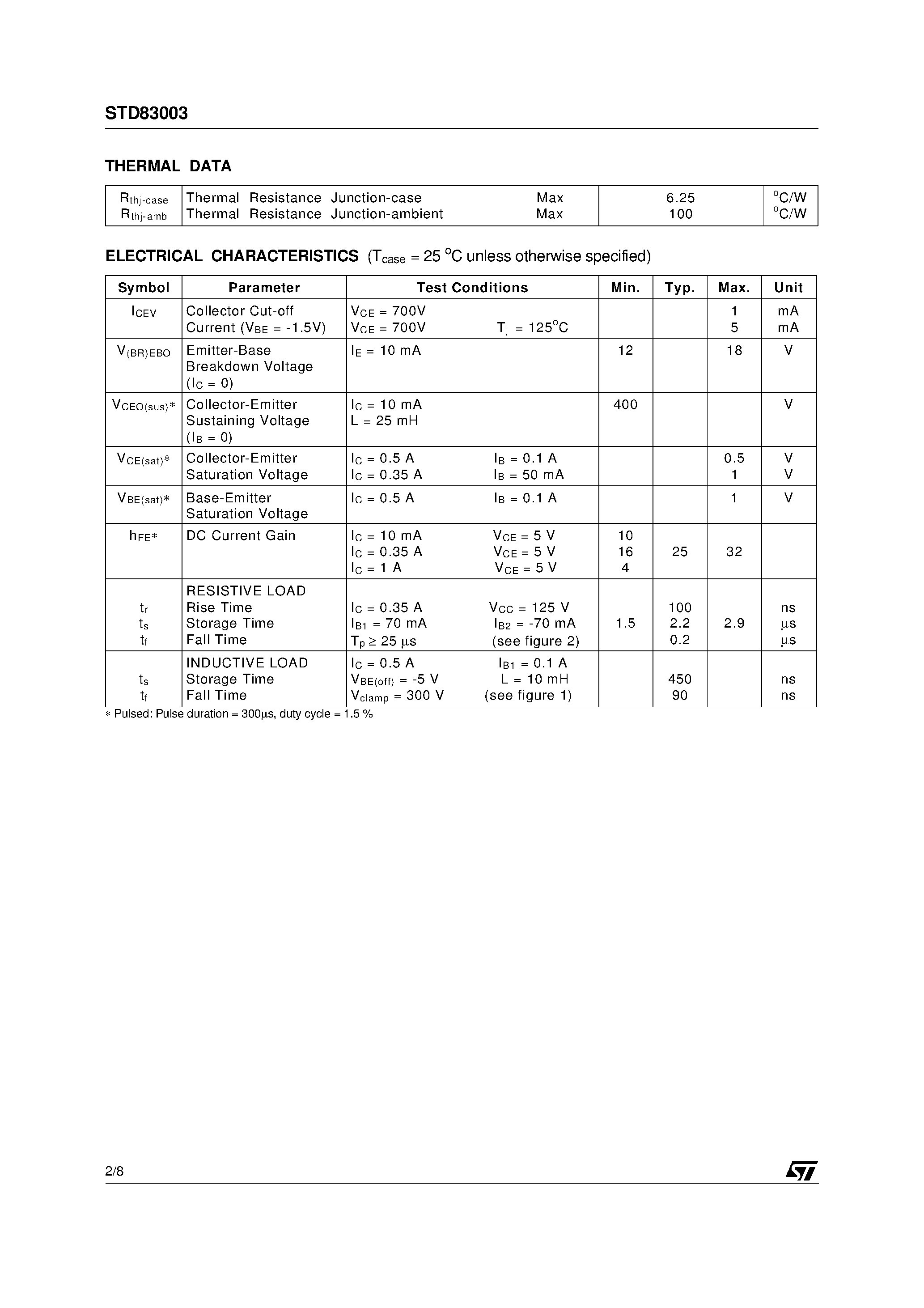 Datasheet STD83003 page 2 Datasheet STD83003 - HIGH VOLTAGE FAST-SWITCHING NPN POWER TRANSISTOR page 2